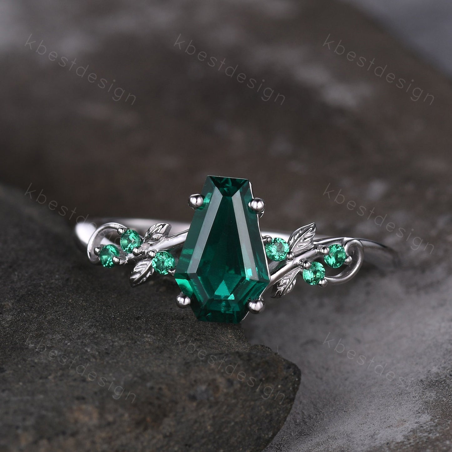 Vintage coffin green emerald engagement ring silver twig leaf emerald wedding ring nature inspired ring art deco bridal promise ring