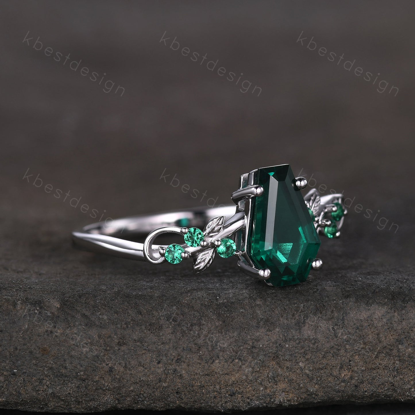 Vintage coffin green emerald engagement ring silver twig leaf emerald wedding ring nature inspired ring art deco bridal promise ring