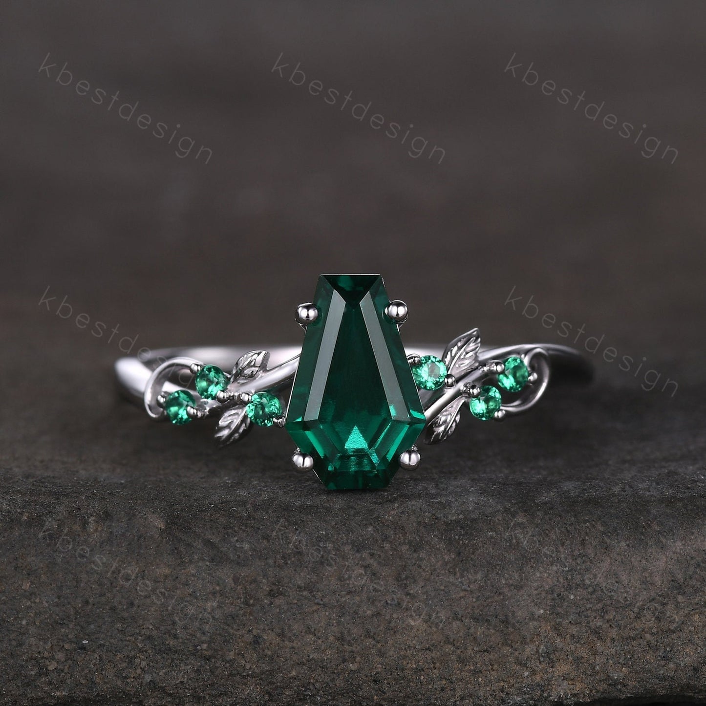 Vintage coffin green emerald engagement ring silver twig leaf emerald wedding ring nature inspired ring art deco bridal promise ring