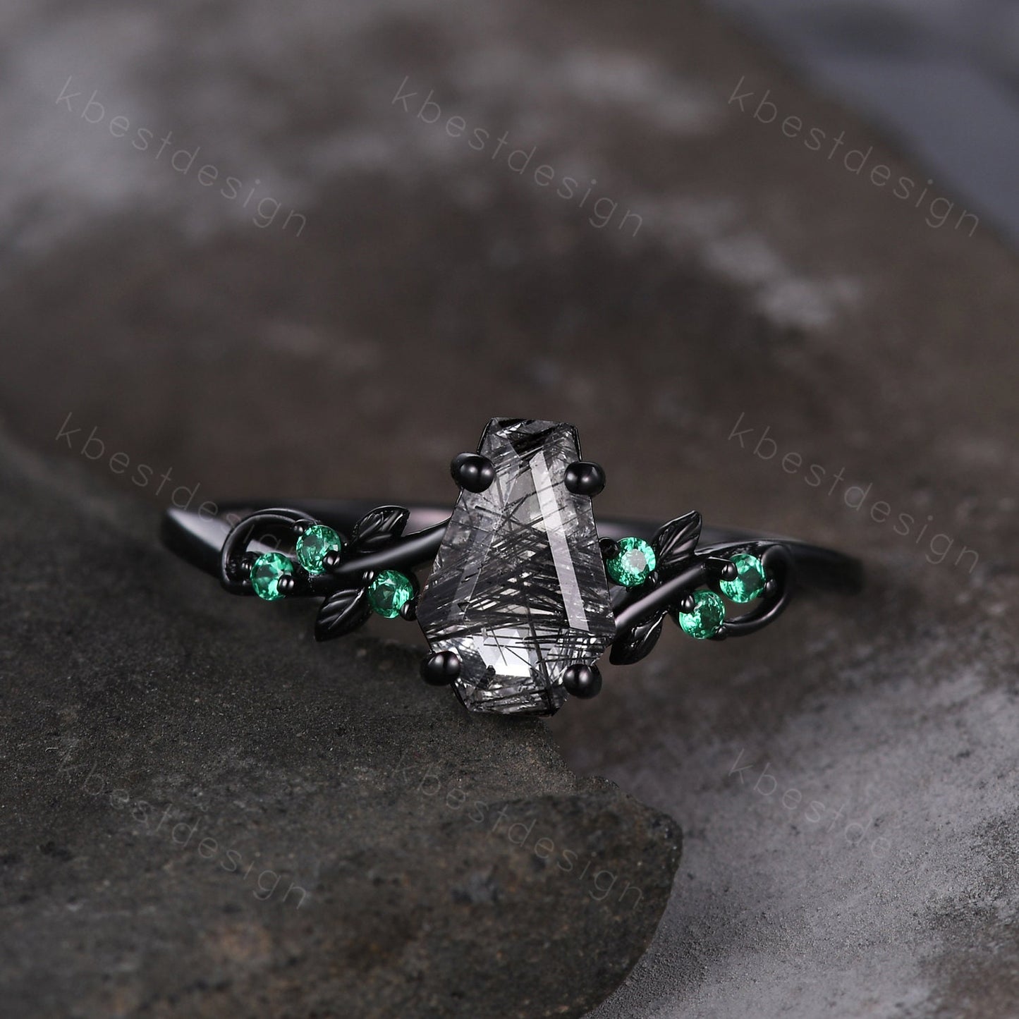 Coffin cut black rutilated quartz engagement ring Black gold ring Art deco leaf design emerald wedding ring nature inspired promise ring