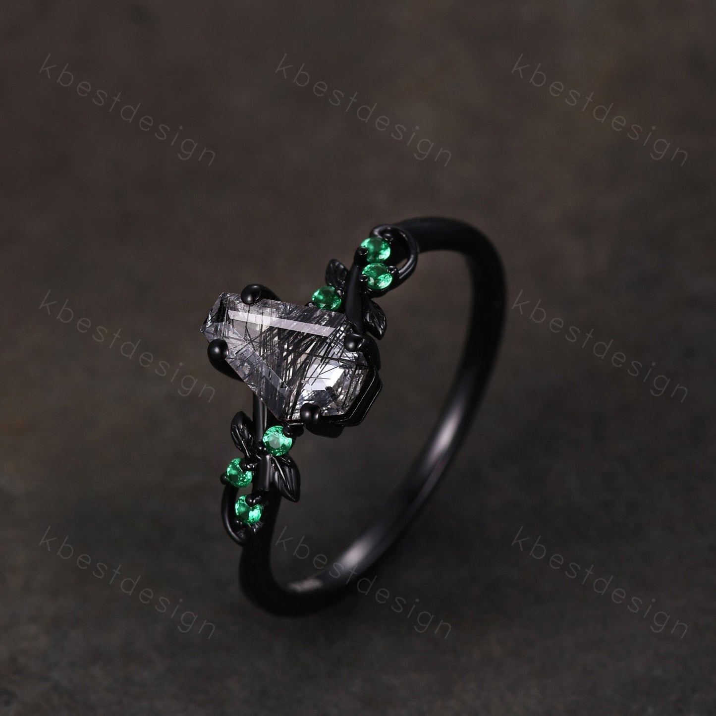 Coffin cut black rutilated quartz engagement ring Black gold ring Art deco leaf design emerald wedding ring nature inspired promise ring