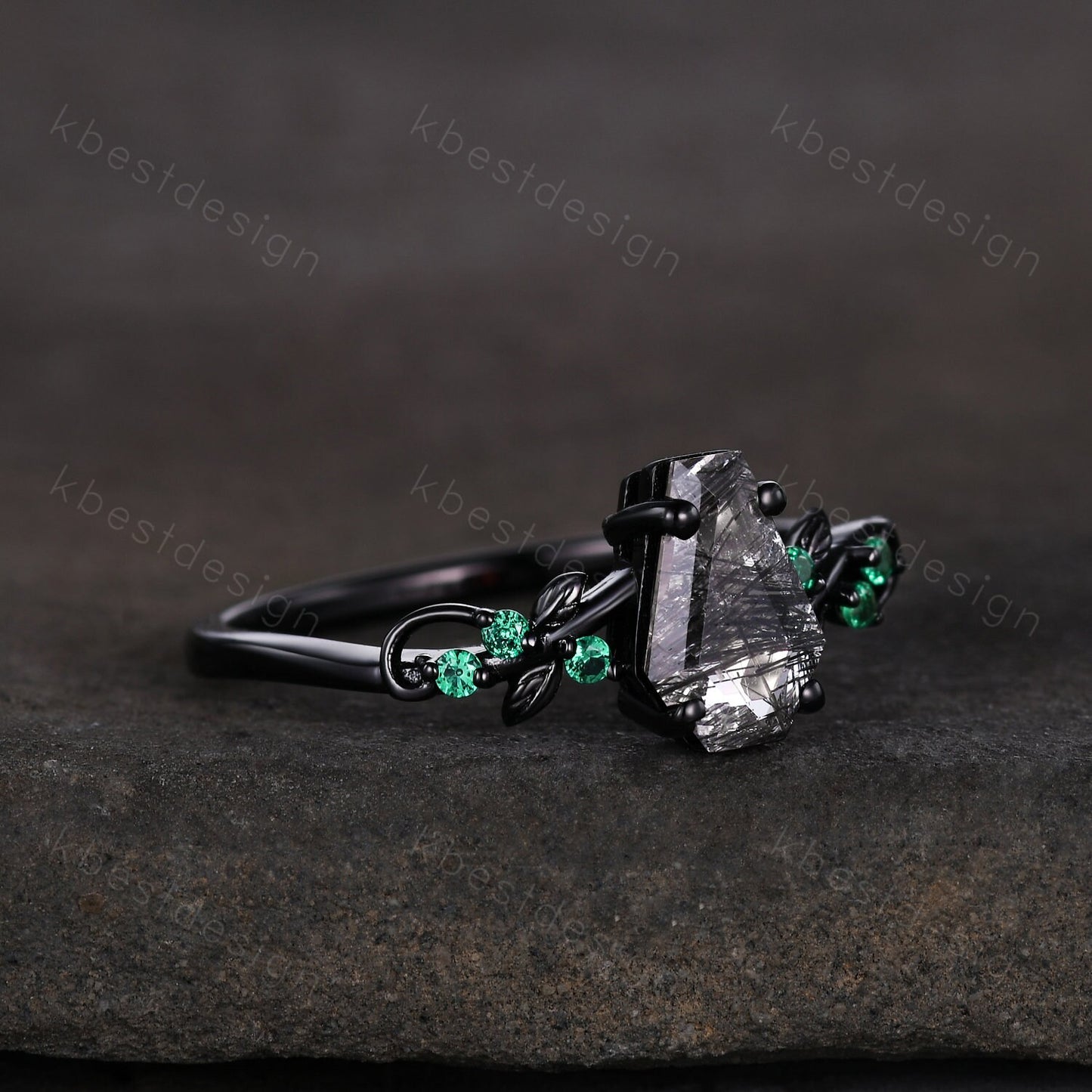 Coffin cut black rutilated quartz engagement ring Black gold ring Art deco leaf design emerald wedding ring nature inspired promise ring