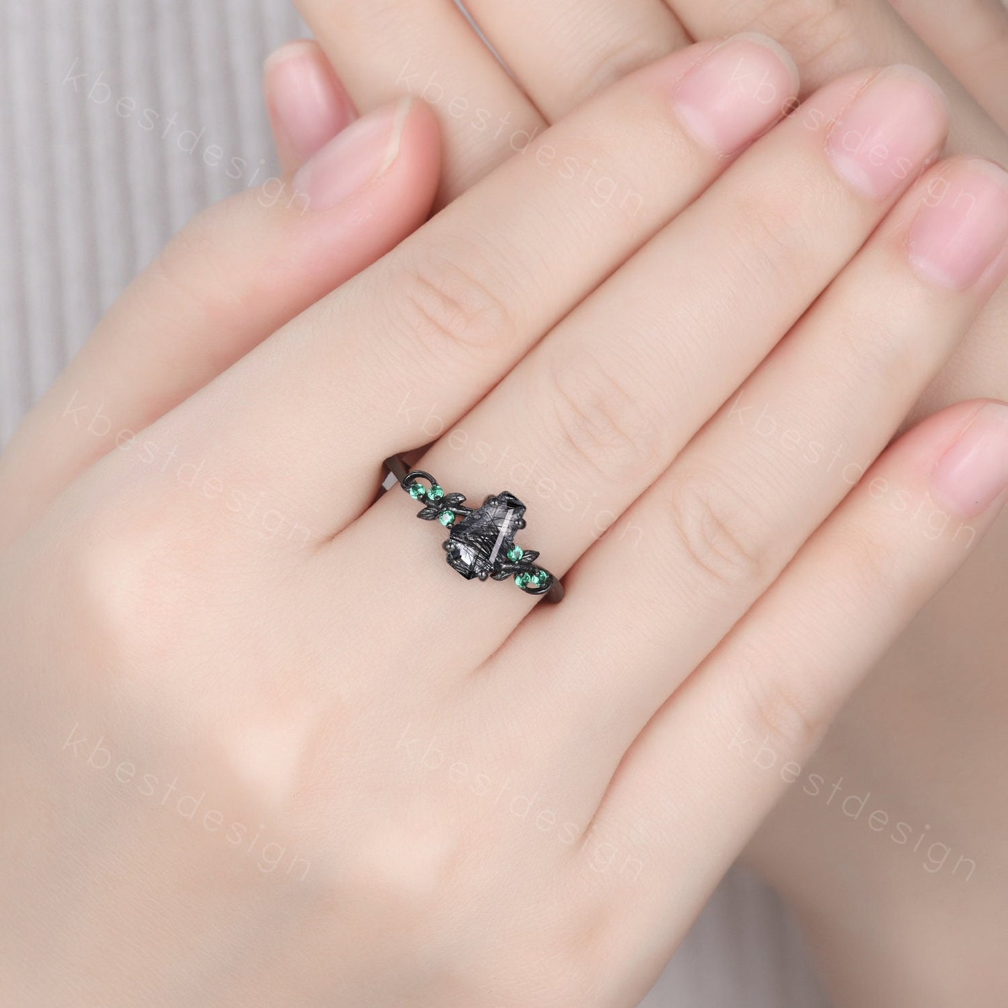 Coffin cut black rutilated quartz engagement ring Black gold ring Art deco leaf design emerald wedding ring nature inspired promise ring