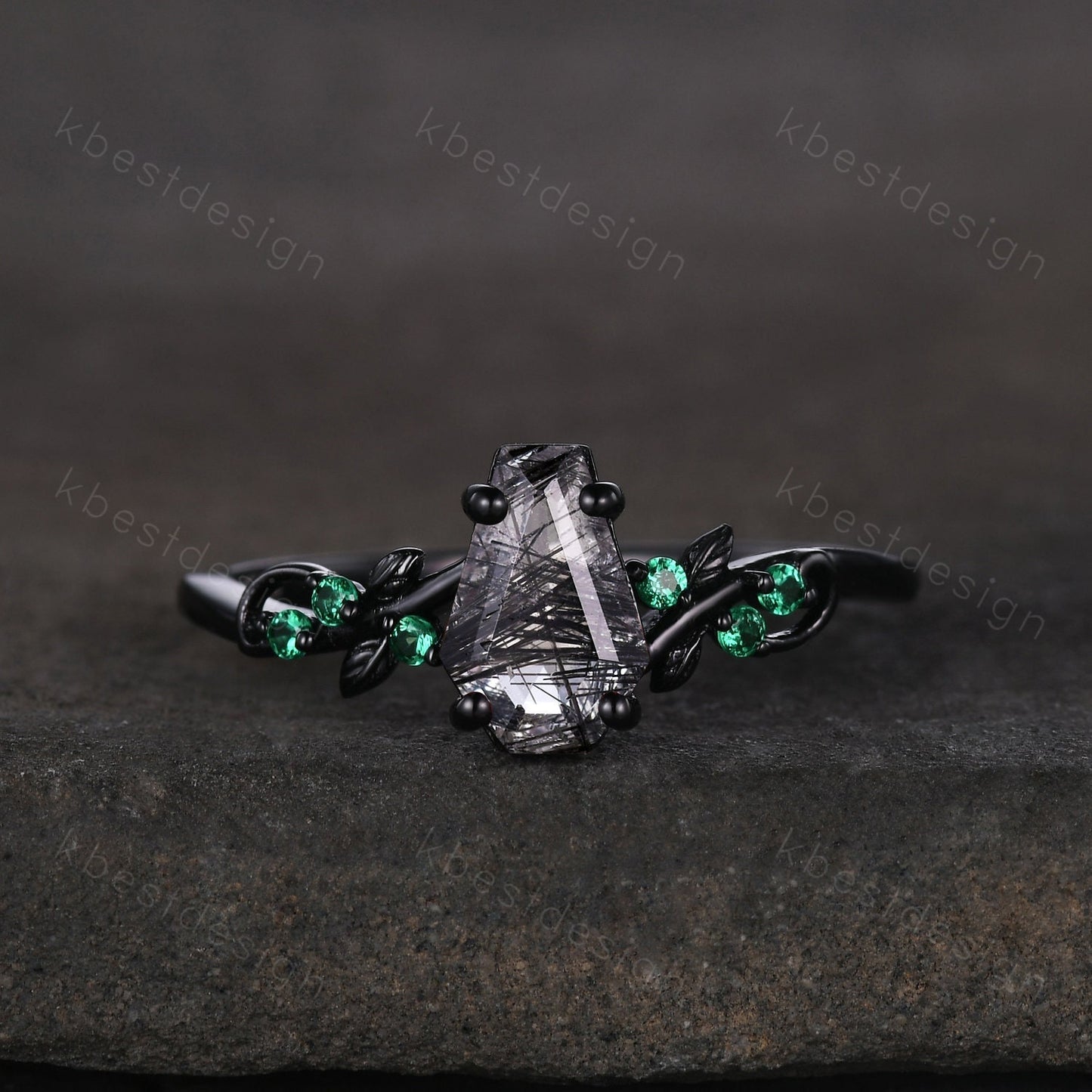 Coffin cut black rutilated quartz engagement ring Black gold ring Art deco leaf design emerald wedding ring nature inspired promise ring