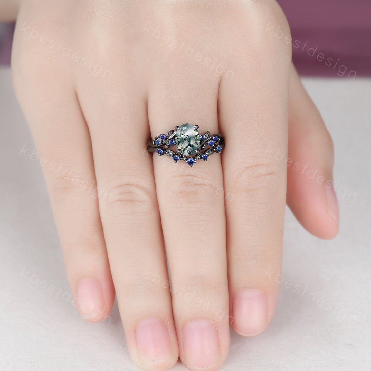 Vintage oval moss agate engagement ring set black gold twig leaf sapphire ring nature branch ring unique art deco bridal wedding ring set