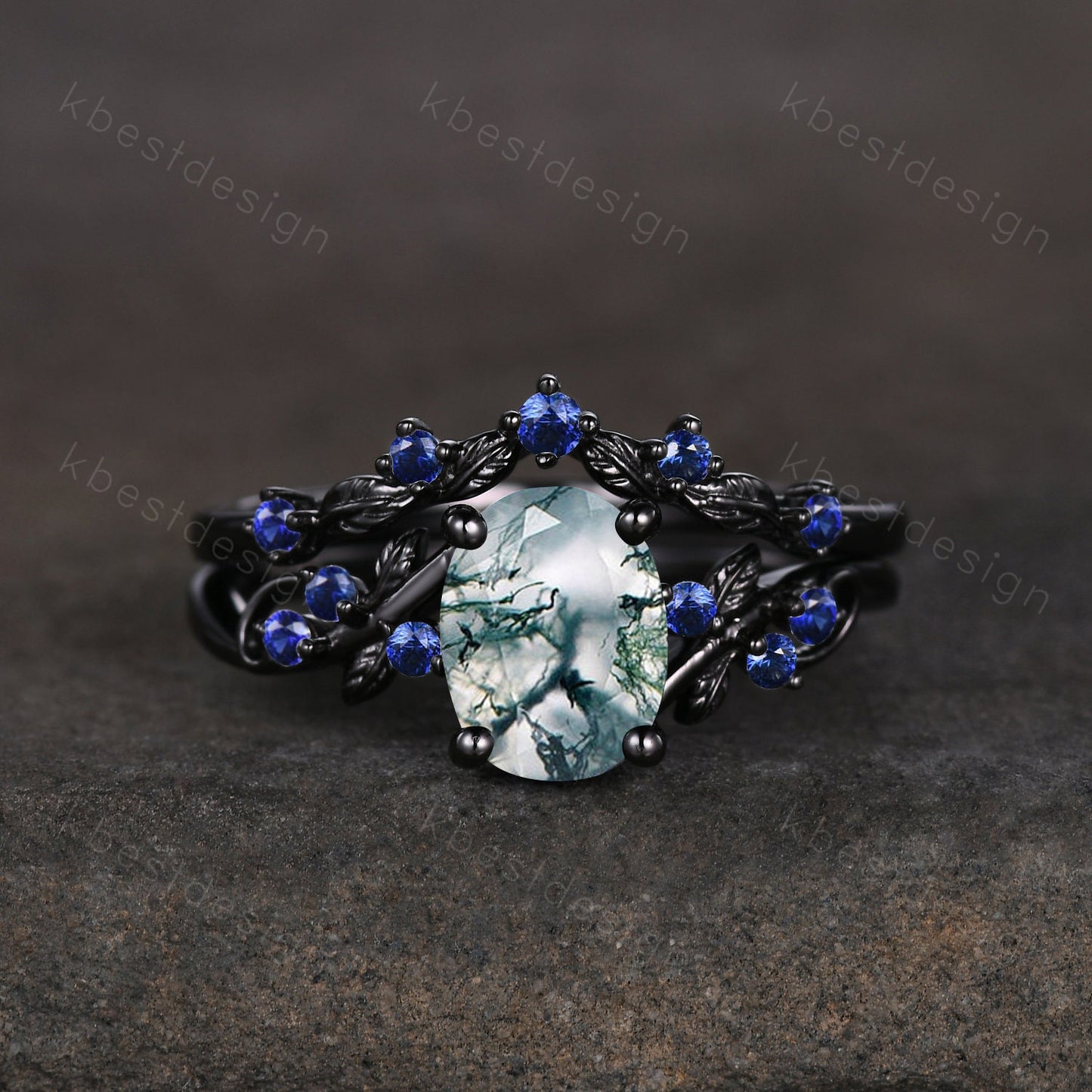 Vintage oval moss agate engagement ring set black gold twig leaf sapphire ring nature branch ring unique art deco bridal wedding ring set