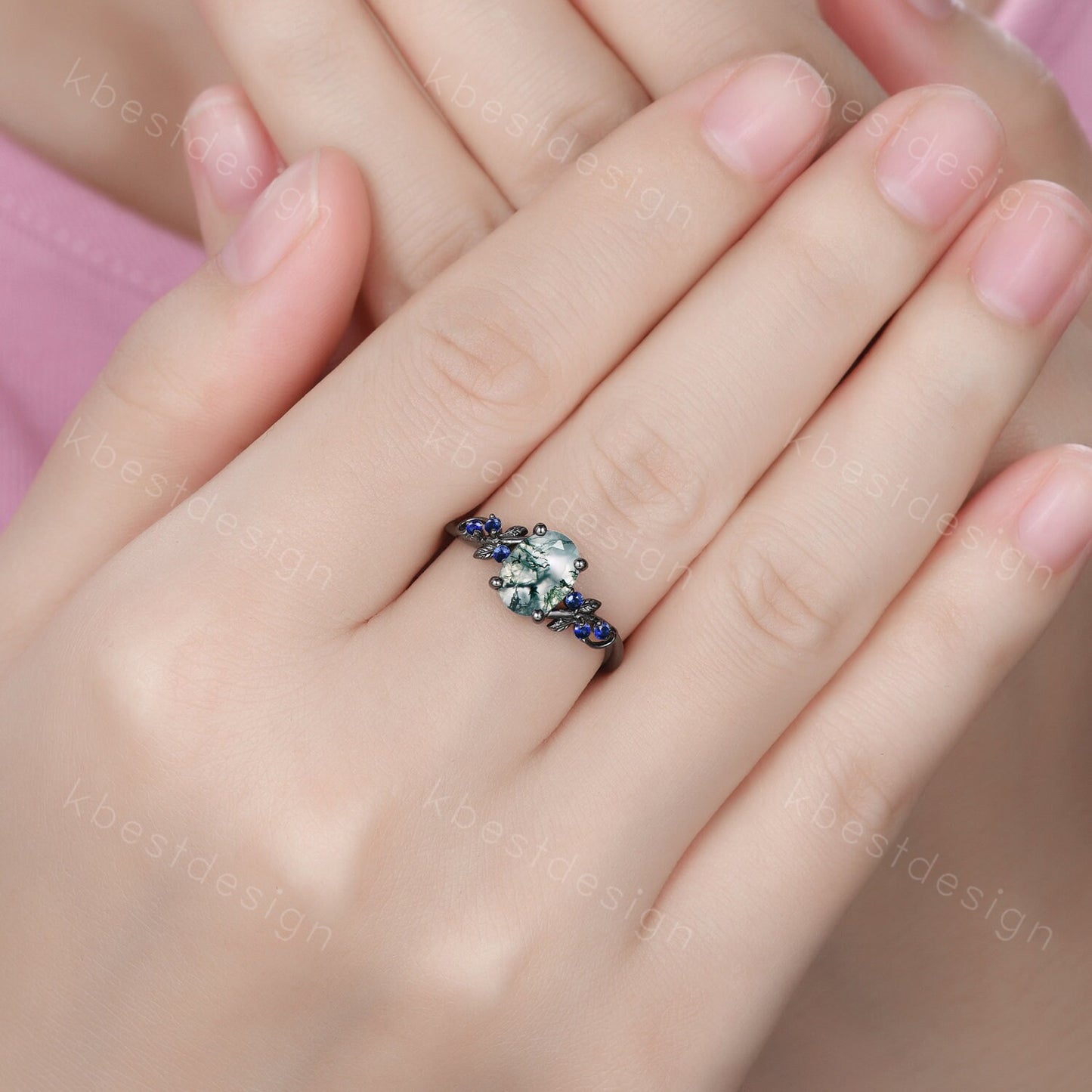 Vintage oval moss agate engagement ring set black gold twig leaf sapphire ring nature branch ring unique art deco bridal wedding ring set