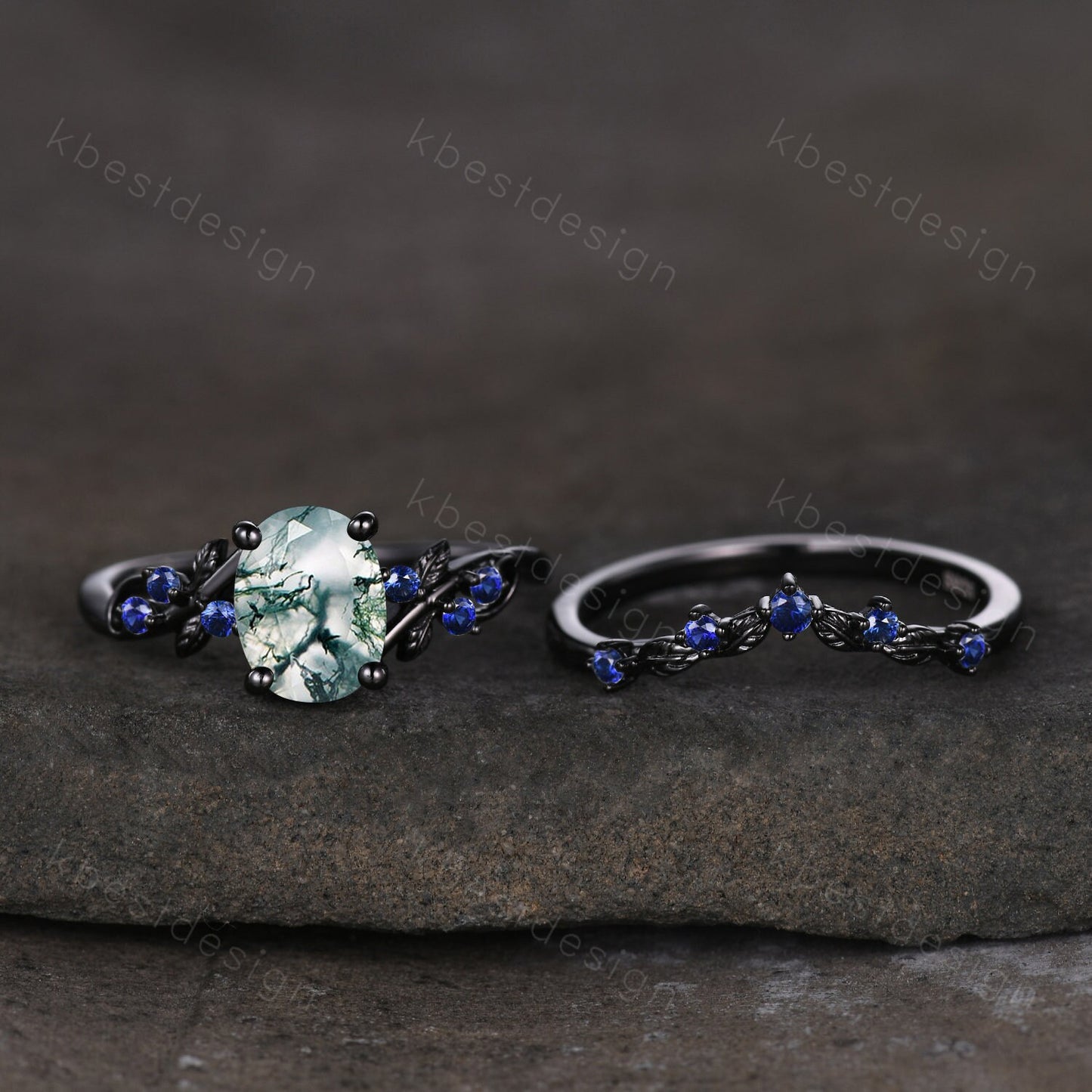 Vintage oval moss agate engagement ring set black gold twig leaf sapphire ring nature branch ring unique art deco bridal wedding ring set