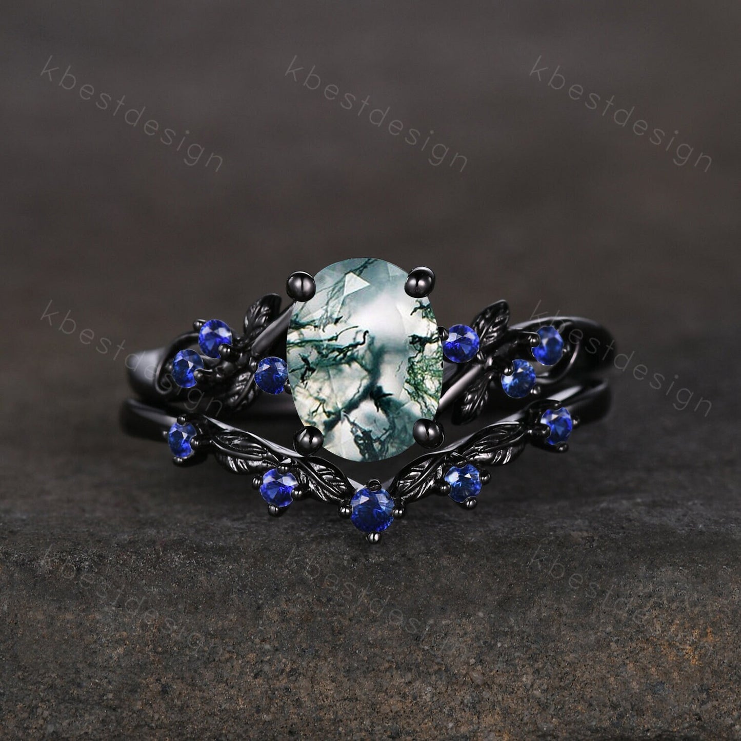 Vintage oval moss agate engagement ring set black gold twig leaf sapphire ring nature branch ring unique art deco bridal wedding ring set