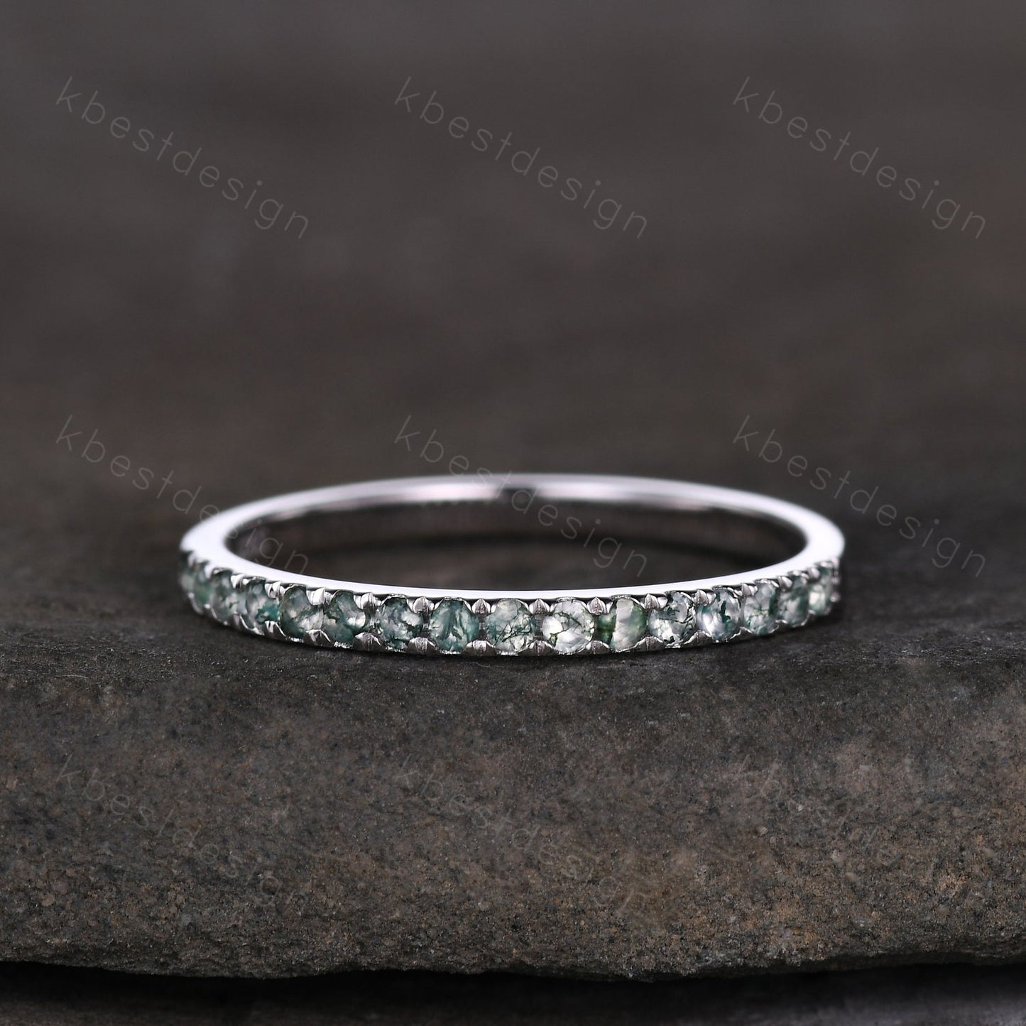 1.5mm moss agate wedding band sterling silver half eternity band green agate stacking matching band gemstone band promise anniversary ring