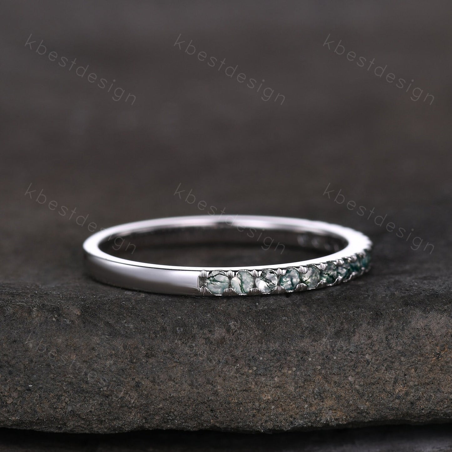 1.5mm moss agate wedding band sterling silver half eternity band green agate stacking matching band gemstone band promise anniversary ring