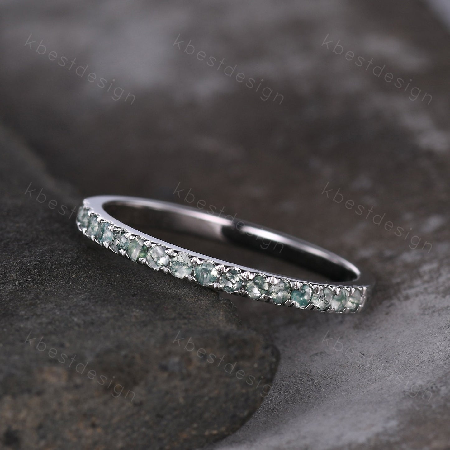 1.5mm moss agate wedding band sterling silver half eternity band green agate stacking matching band gemstone band promise anniversary ring