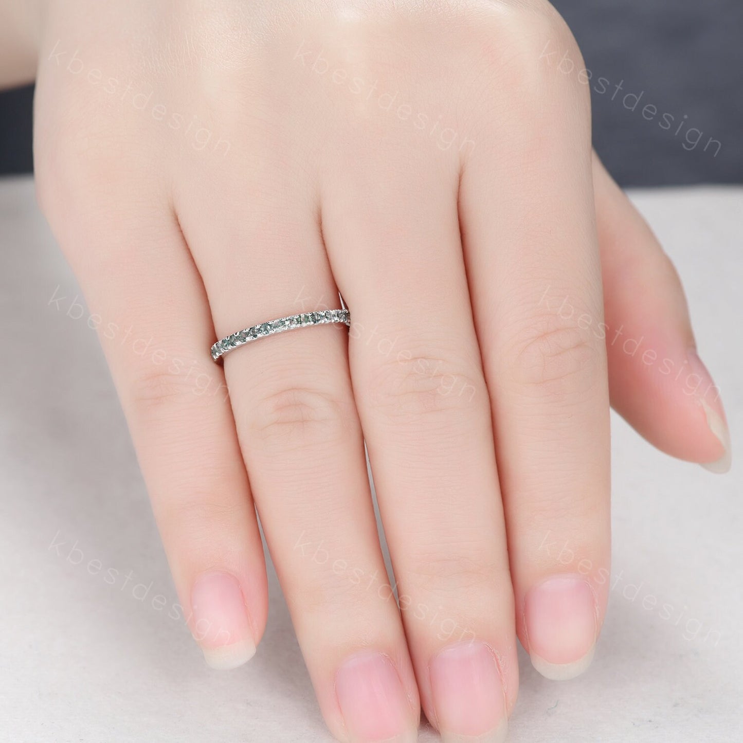 1.5mm moss agate wedding band sterling silver half eternity band green agate stacking matching band gemstone band promise anniversary ring