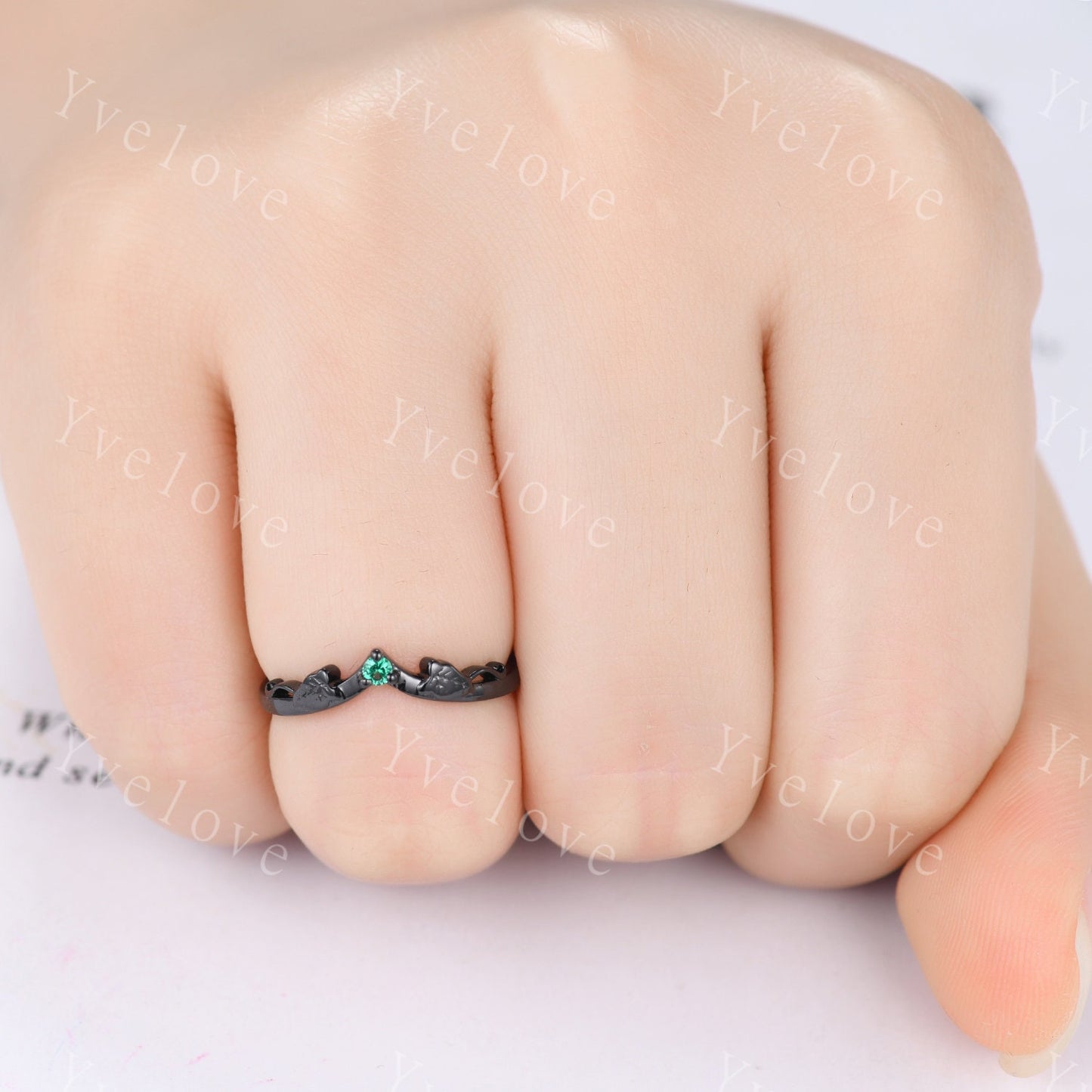Minimalist Emerald Twig Engagement Ring,Twig Leaf Matching Band,Women Vine Band ,Art Deco V Curved Branch Wedding Band,White Gold Ring Gift
