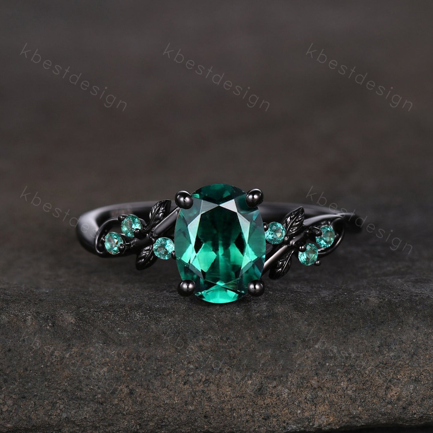 Oval cut green emerald engagement ring set black gold twig leaf emerald ring nature inspired wedding ring art deco bridal promise ring set