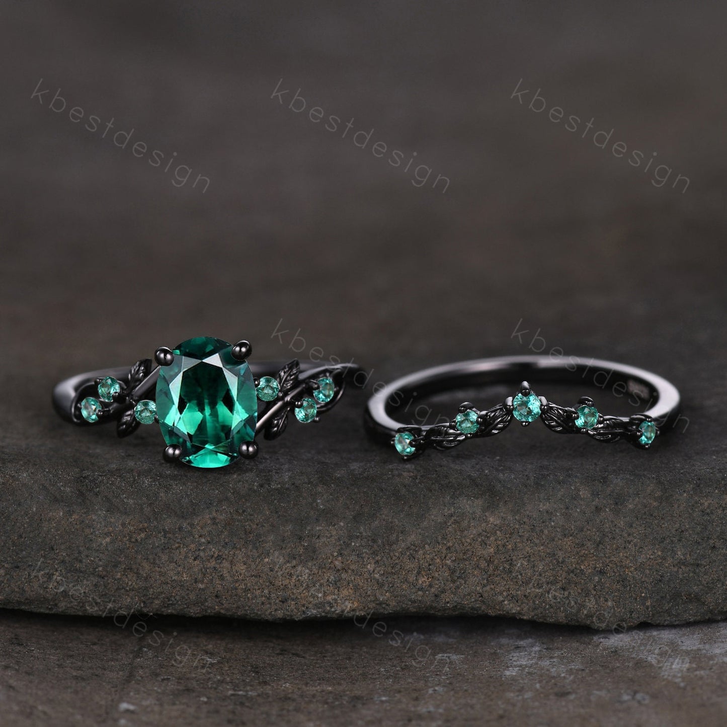Oval cut green emerald engagement ring set black gold twig leaf emerald ring nature inspired wedding ring art deco bridal promise ring set