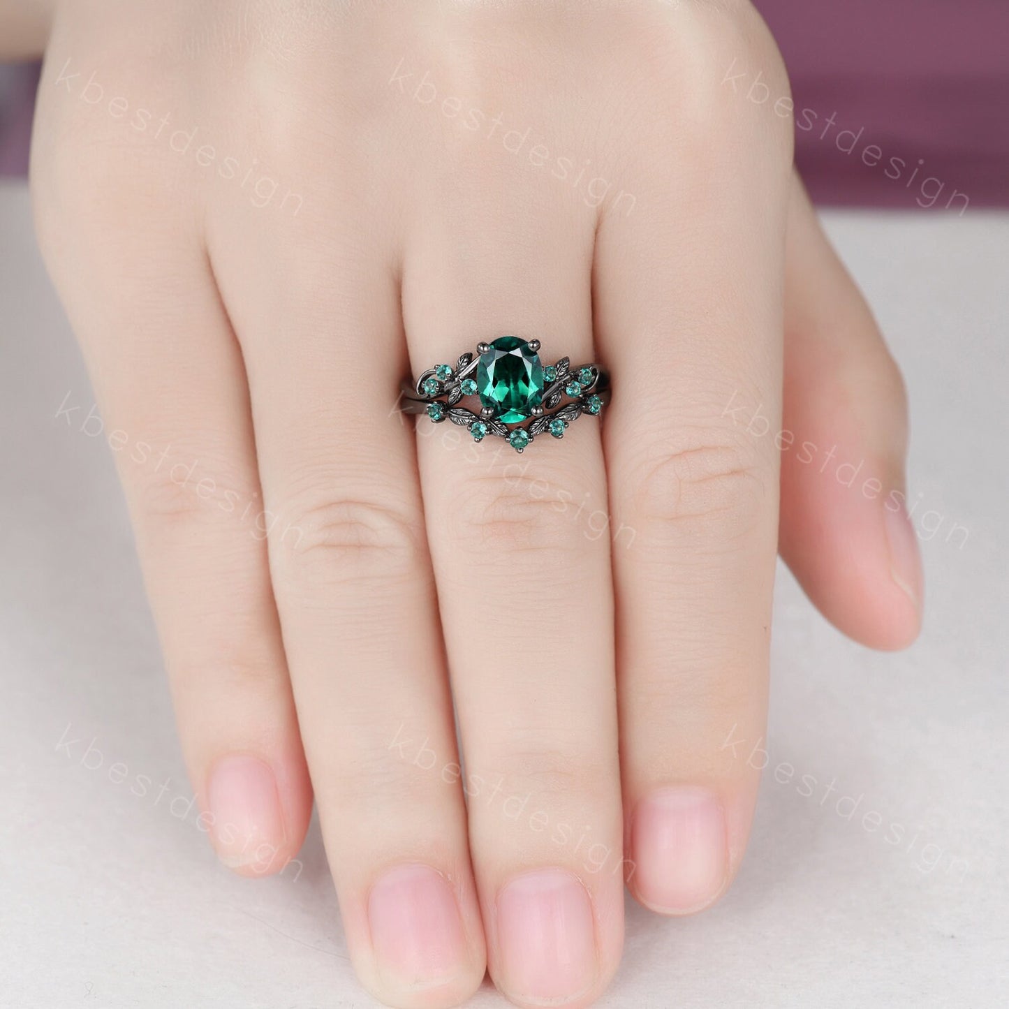 Oval cut green emerald engagement ring set black gold twig leaf emerald ring nature inspired wedding ring art deco bridal promise ring set