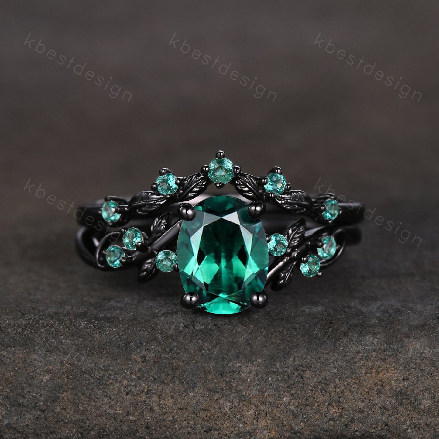 Oval cut green emerald engagement ring set black gold twig leaf emerald ring nature inspired wedding ring art deco bridal promise ring set