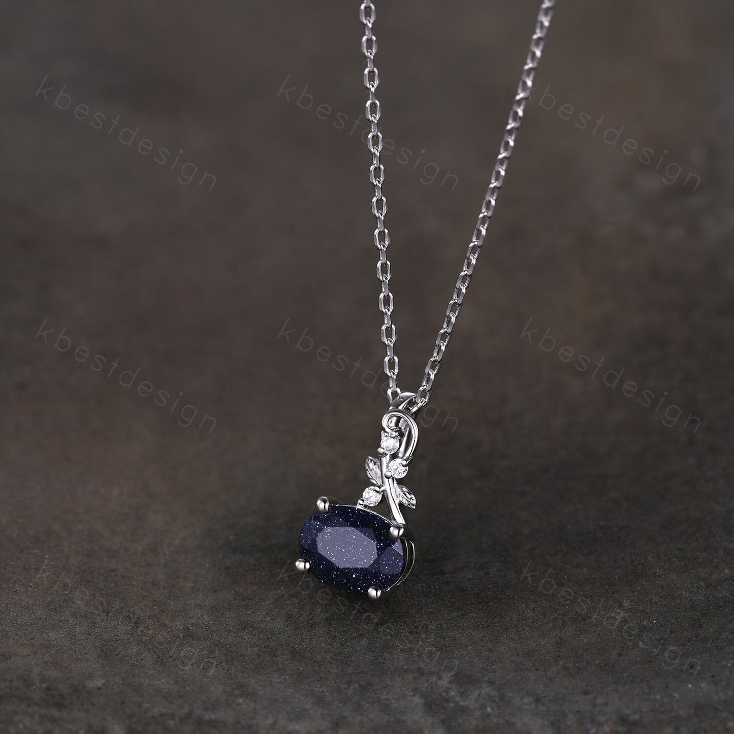 Oval Cut Galaxy Blue Sandstone Necklace Silver Vintage Art Deco Necklace for Women Nature Inspired Moissanite Pendant Anniversary Gift