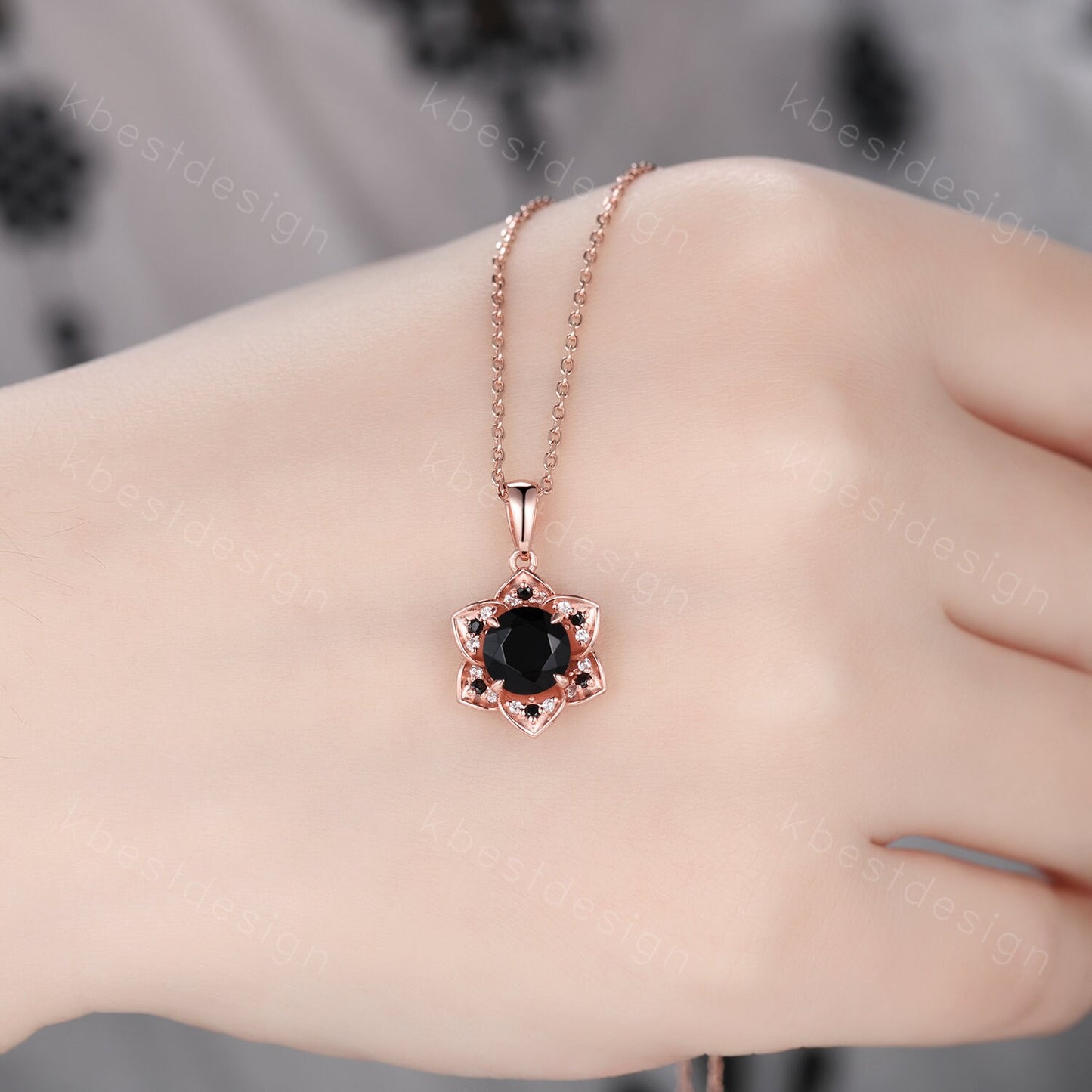 Vintage round black onyx necklace antique floral halo pendant necklace rose gold black gemstone necklace anniversary necklace gift for her