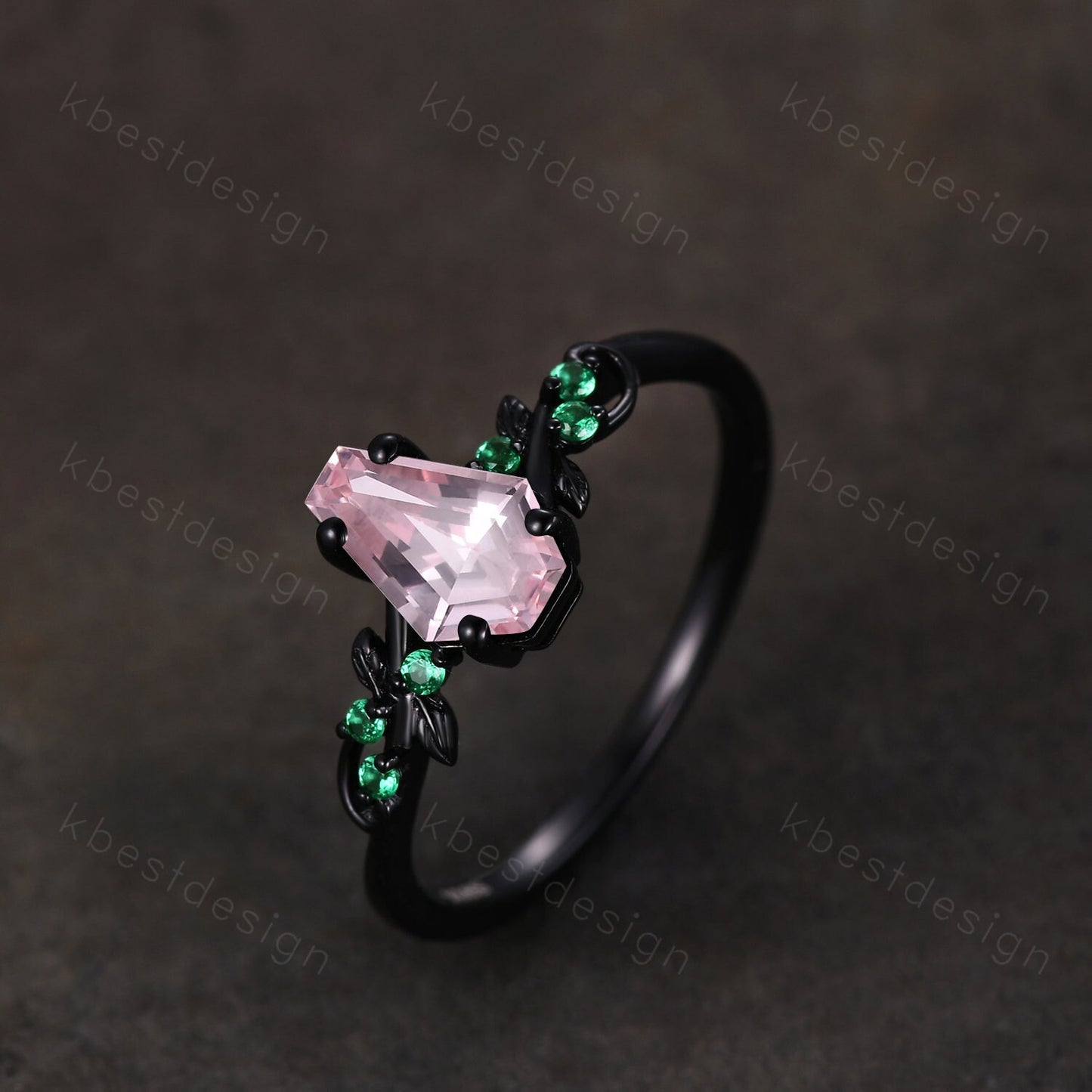 Coffin cut pink sapphire engagement ring Black gold ring Art deco leaf design emerald wedding ring nature inspired ring bridal promise ring