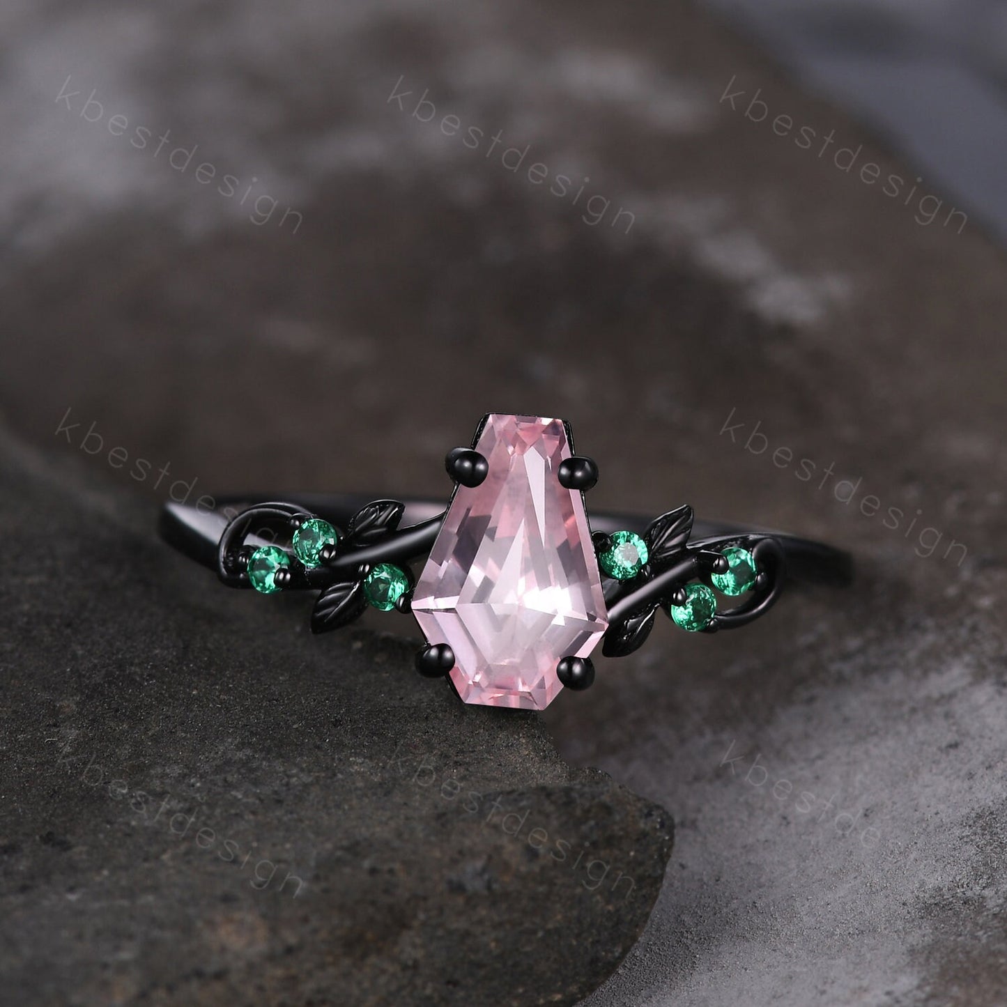 Coffin cut pink sapphire engagement ring Black gold ring Art deco leaf design emerald wedding ring nature inspired ring bridal promise ring