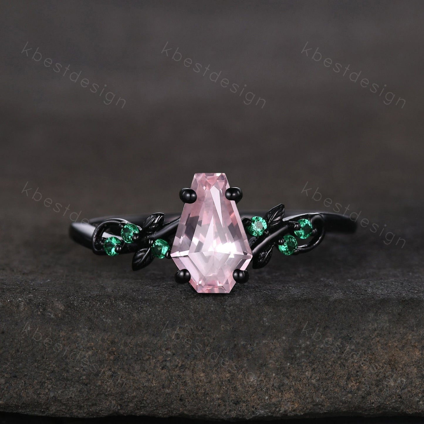 Coffin cut pink sapphire engagement ring Black gold ring Art deco leaf design emerald wedding ring nature inspired ring bridal promise ring