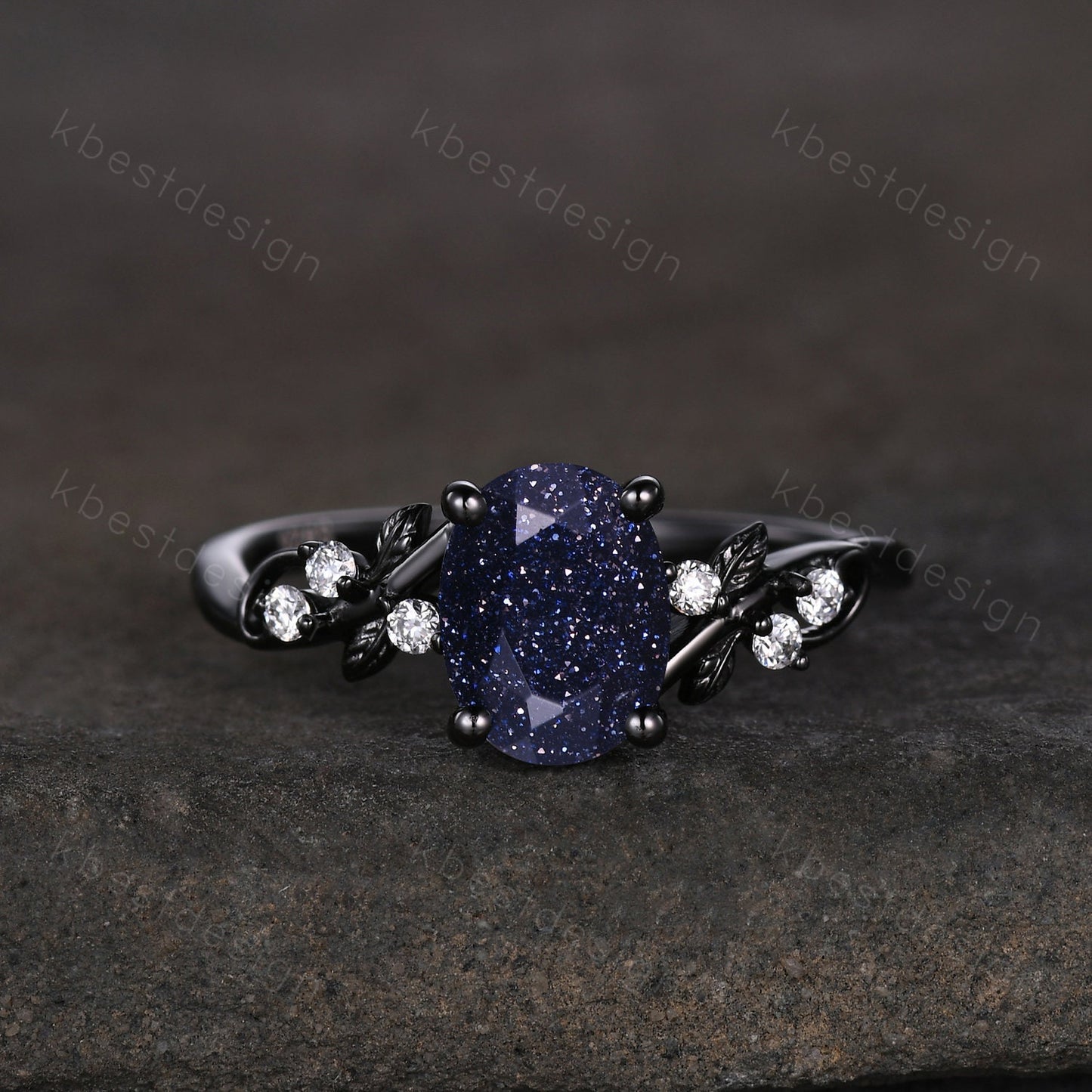 Vintage oval blue sandstone engagement ring set black gold twig leaf moissanite ring nature branch ring unique bridal wedding ring set