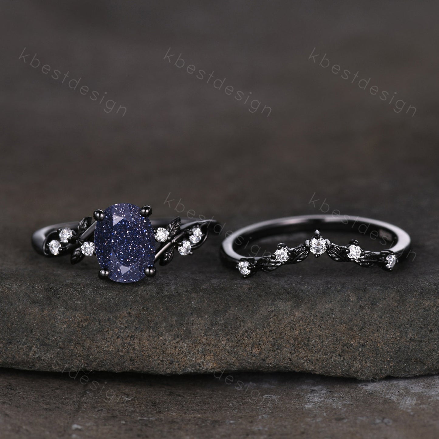 Vintage oval blue sandstone engagement ring set black gold twig leaf moissanite ring nature branch ring unique bridal wedding ring set