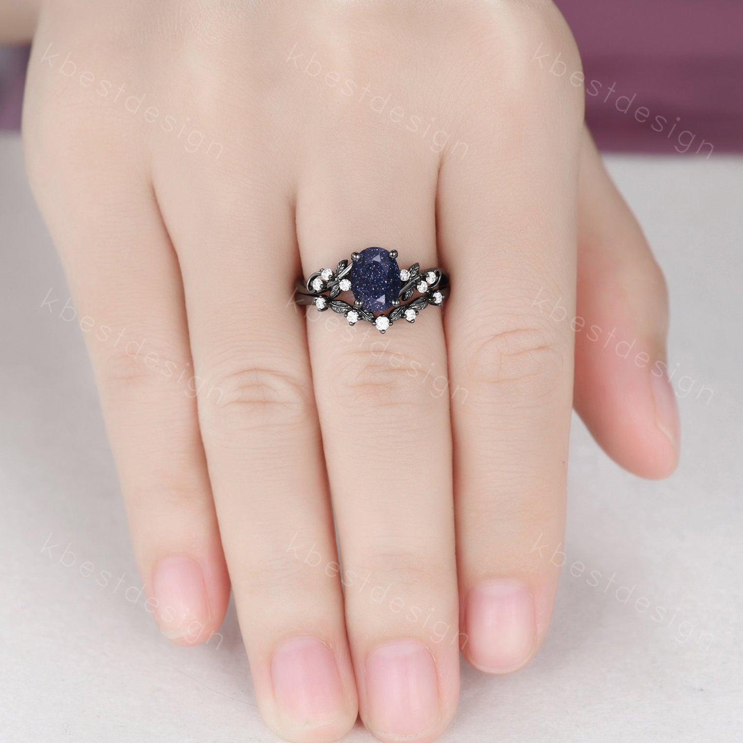 Vintage oval blue sandstone engagement ring set black gold twig leaf moissanite ring nature branch ring unique bridal wedding ring set