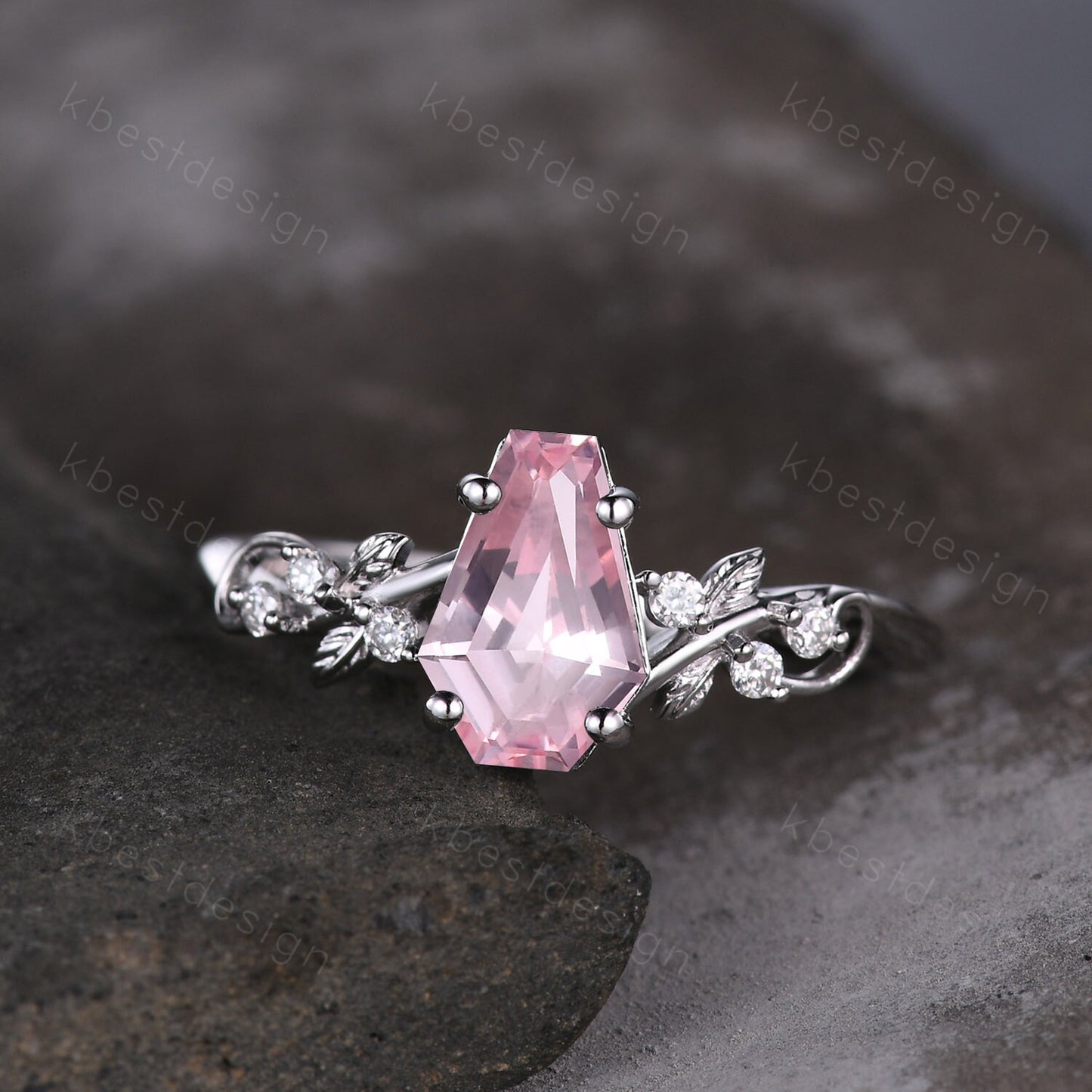 Coffin cut pink sapphire engagement ring silver ring Art deco leaf design moissanite wedding ring nature inspired ring bridal promise ring