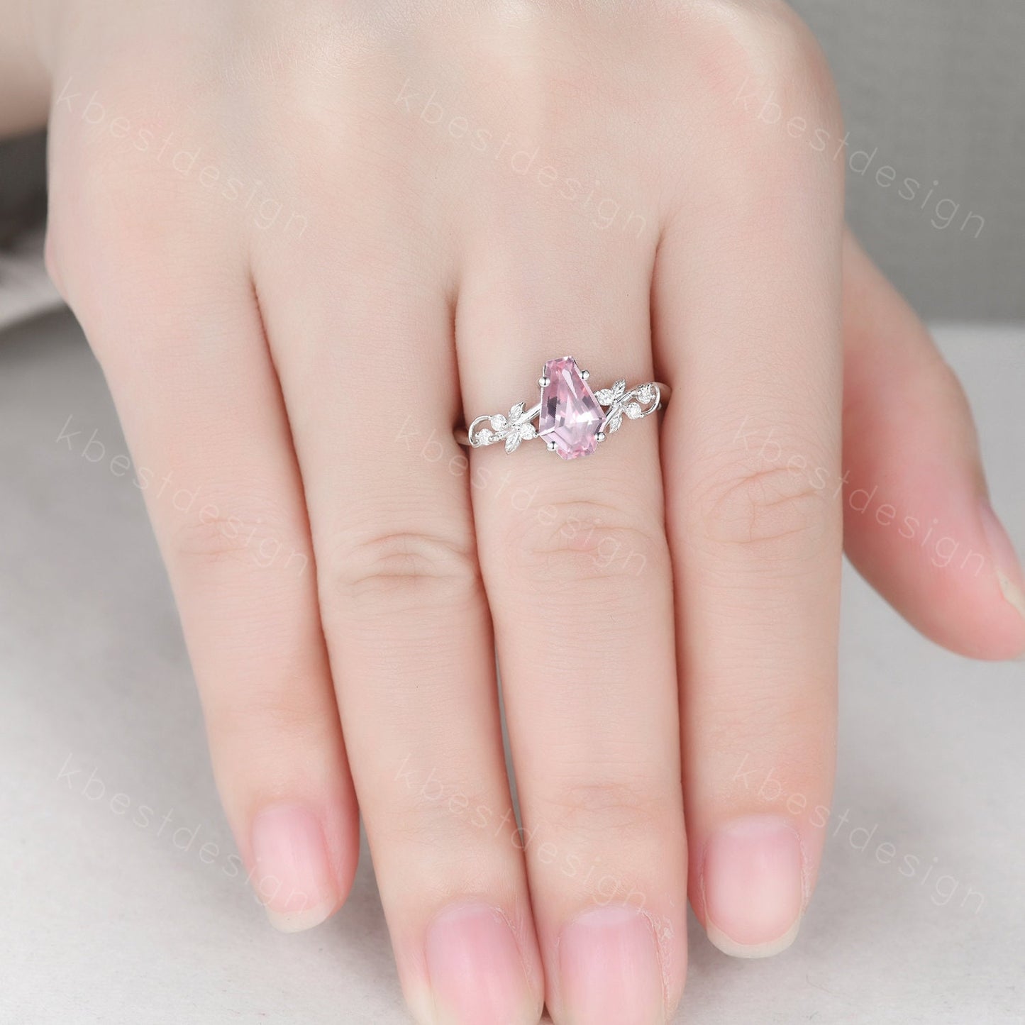 Coffin cut pink sapphire engagement ring silver ring Art deco leaf design moissanite wedding ring nature inspired ring bridal promise ring