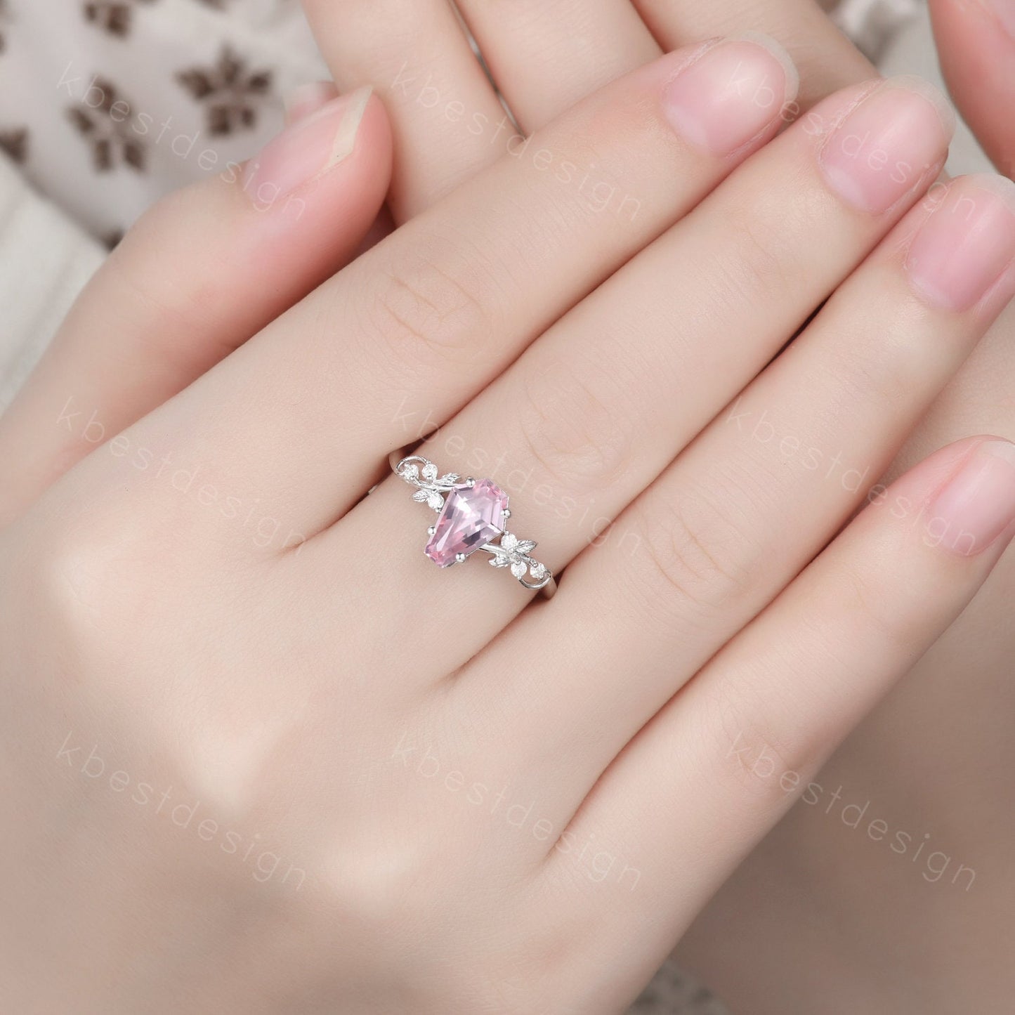 Coffin cut pink sapphire engagement ring silver ring Art deco leaf design moissanite wedding ring nature inspired ring bridal promise ring
