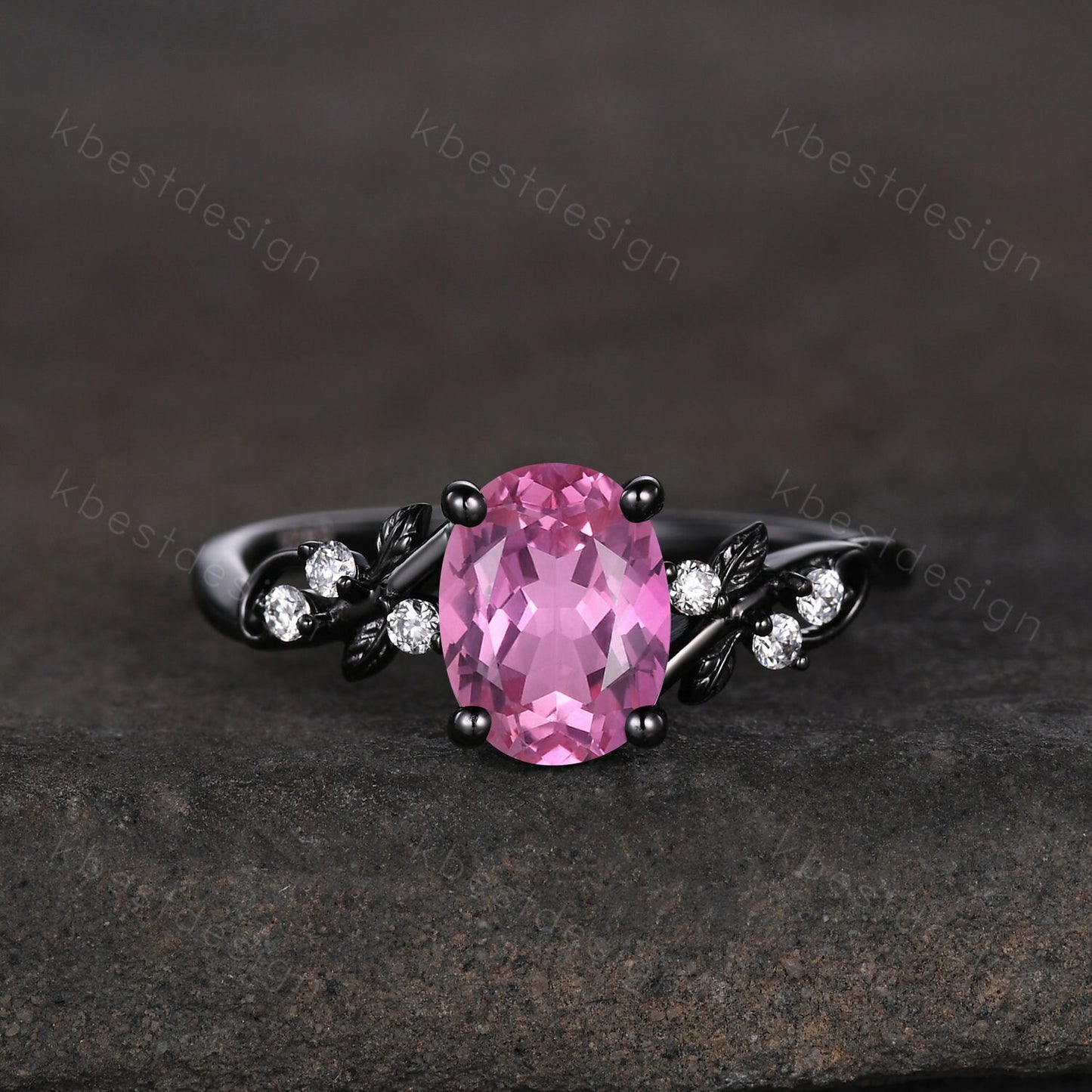 Vintage oval Padparadscha sappphire engagement ring set black gold twig leaf moissanite ring black pink ring unique bridal wedding ring set