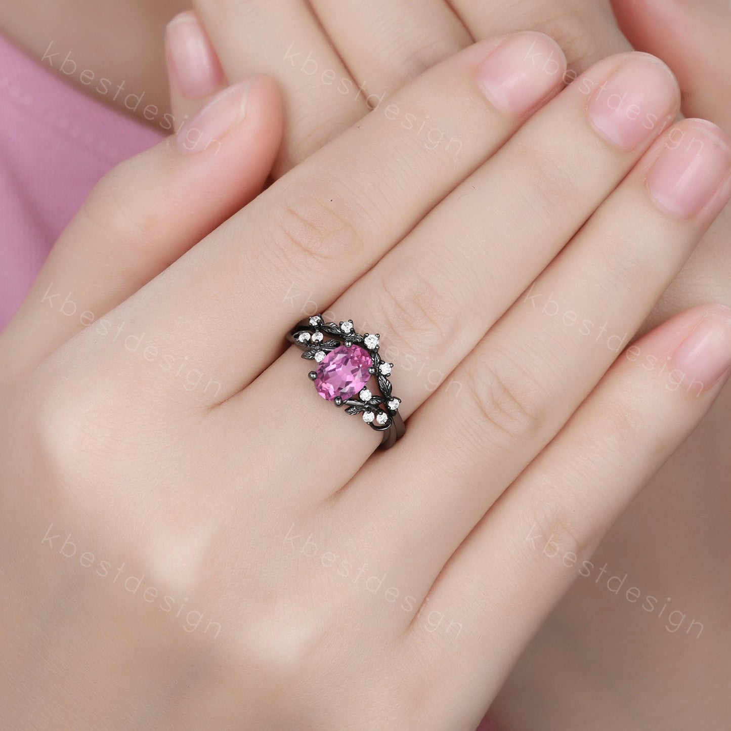 Vintage oval Padparadscha sappphire engagement ring set black gold twig leaf moissanite ring black pink ring unique bridal wedding ring set