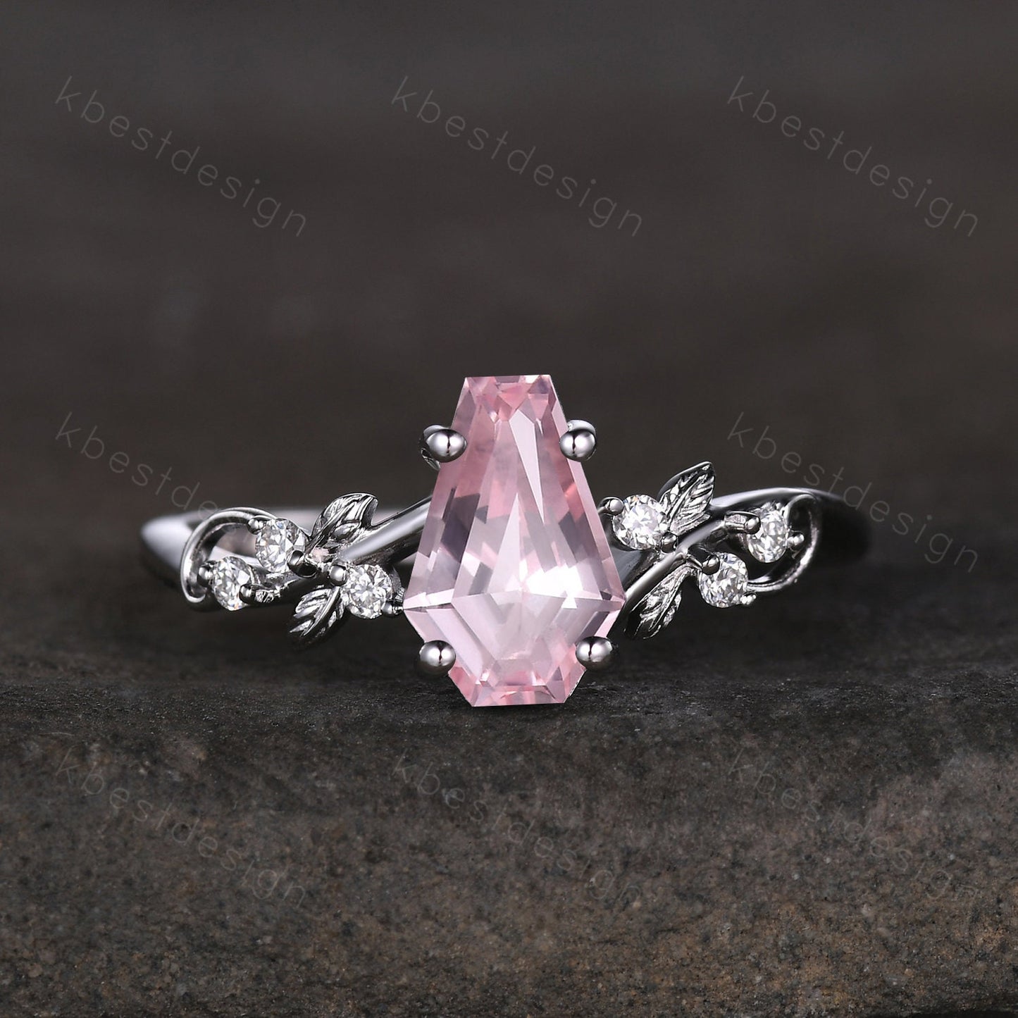 Coffin cut pink sapphire engagement ring silver ring Art deco leaf design moissanite wedding ring nature inspired ring bridal promise ring