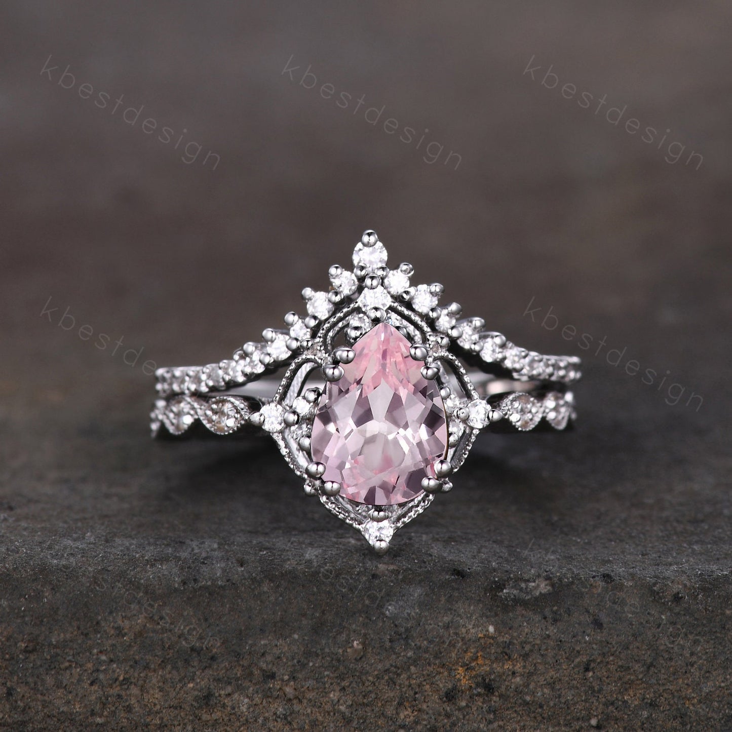 Vintage pink sapphire engagement ring sterling silver ring art deco curve stacking band pear shaped bridal set unique moissanite wedding set