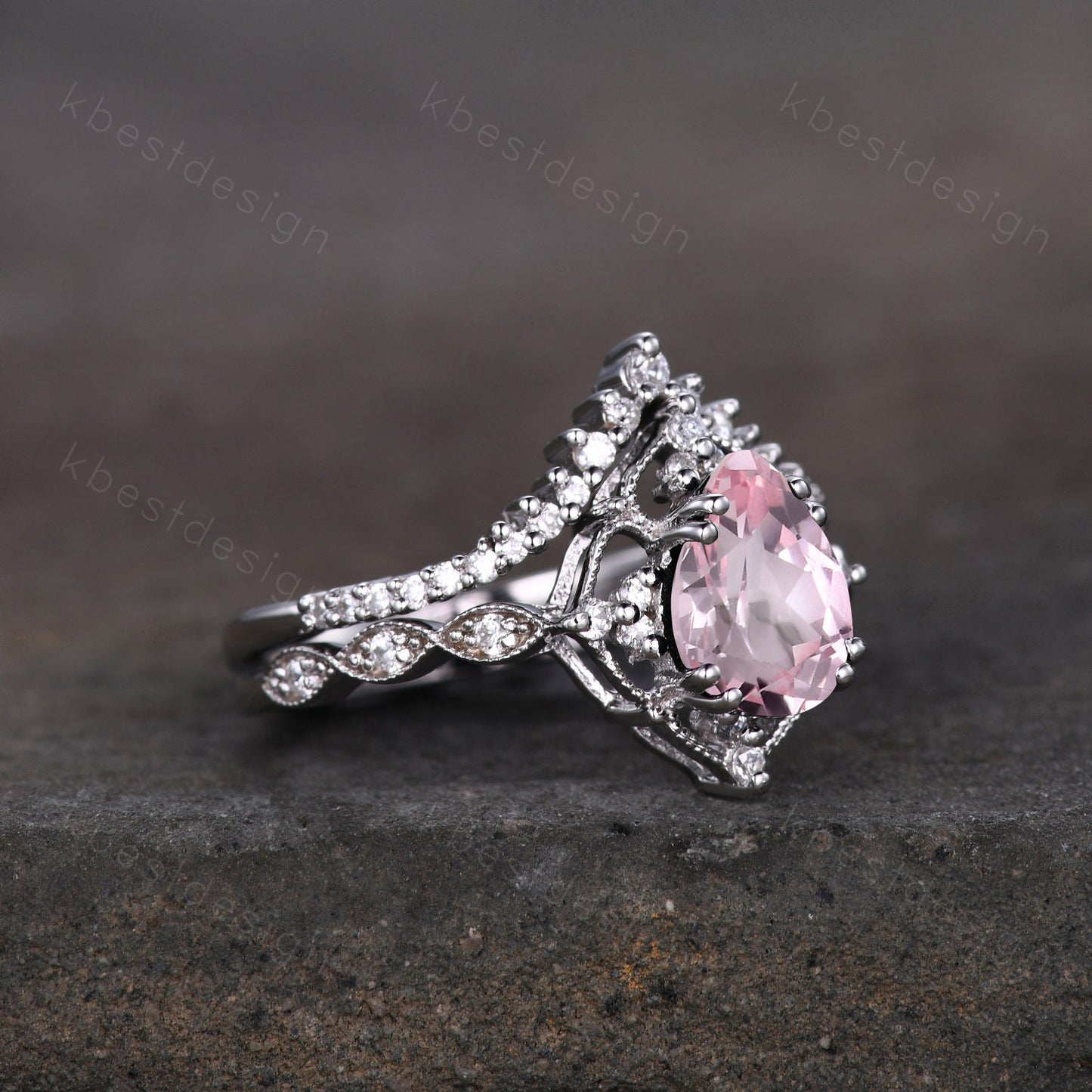 Vintage pink sapphire engagement ring sterling silver ring art deco curve stacking band pear shaped bridal set unique moissanite wedding set