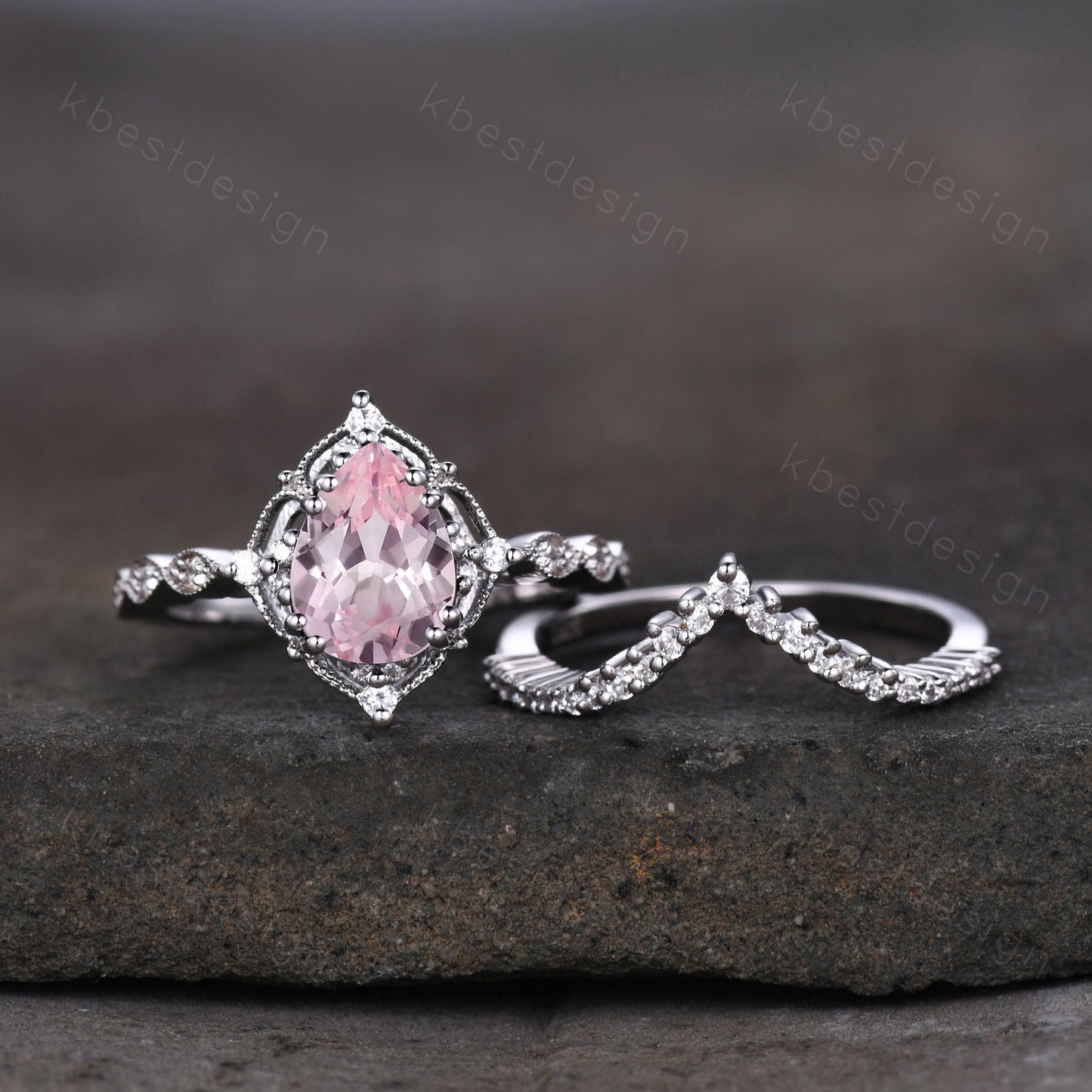 Vintage pink sapphire engagement ring rose gold ring art deco curve stacking band pear shaped bridal set unique moissanite wedding set