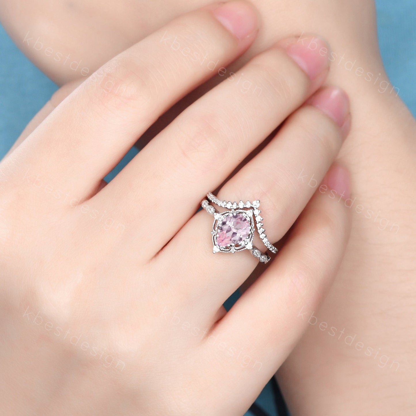 Vintage pink sapphire engagement ring sterling silver ring art deco curve stacking band pear shaped bridal set unique moissanite wedding set