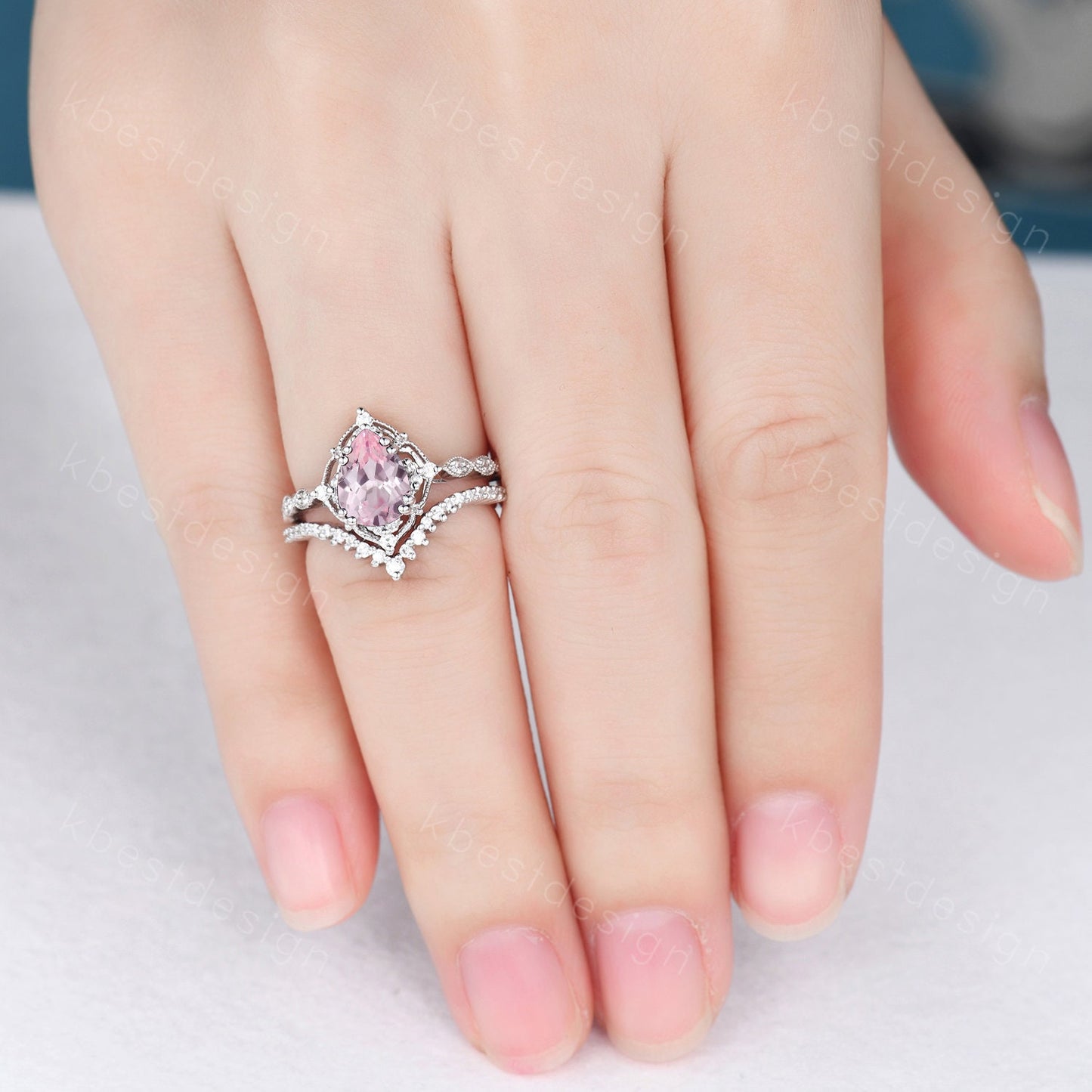 Vintage pink sapphire engagement ring sterling silver ring art deco curve stacking band pear shaped bridal set unique moissanite wedding set