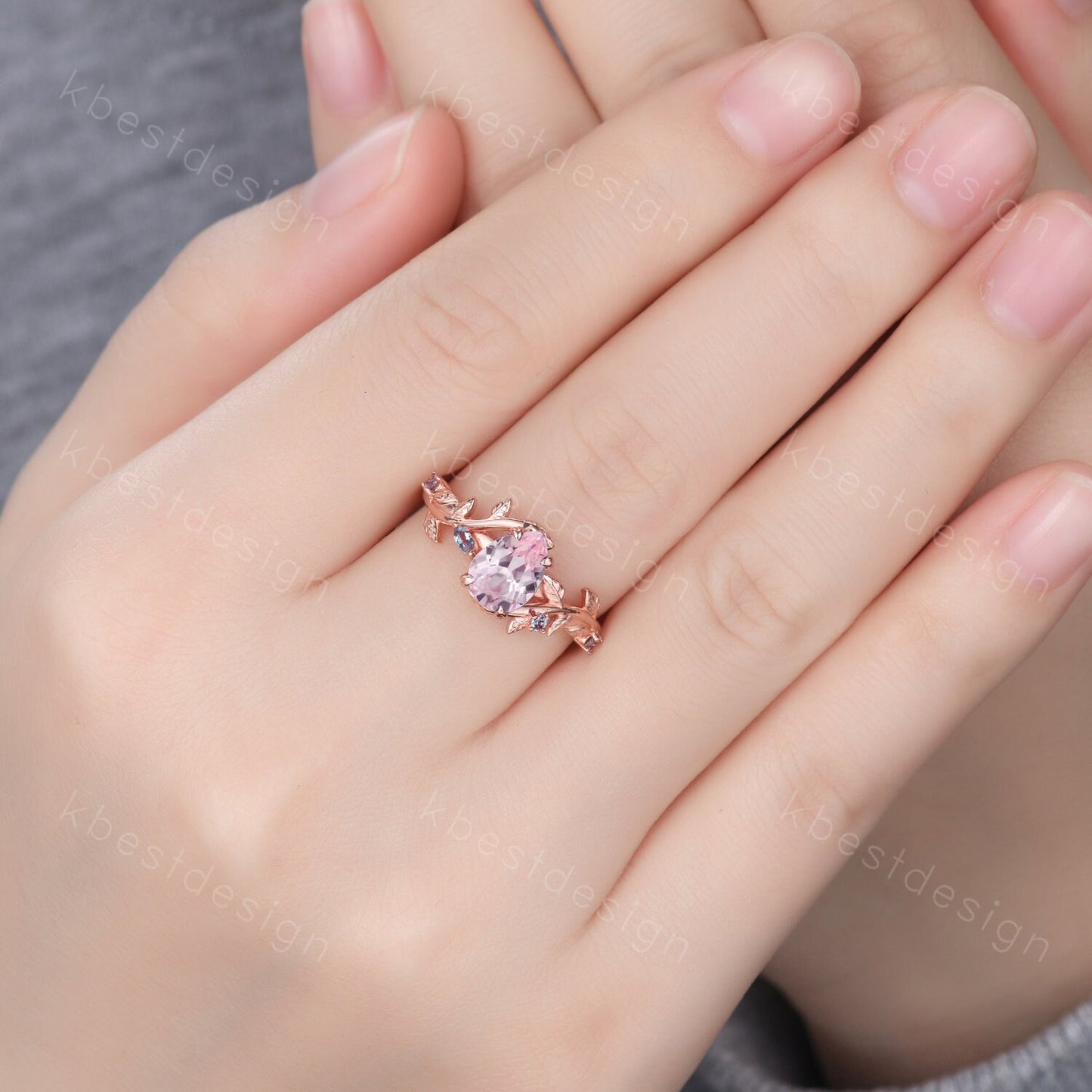 Vintage pink sapphire engagement ring rose gold leaf design alexandrite wedding ring art deco nature branch ring unique bridal promise ring