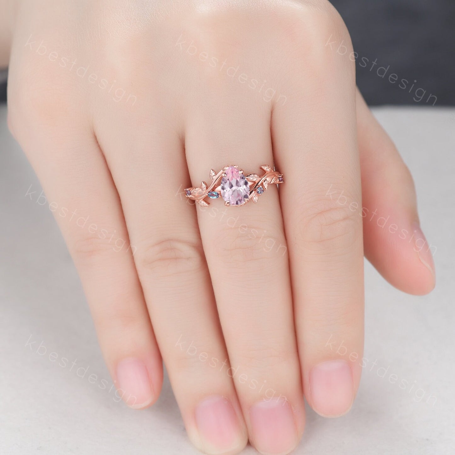 Vintage pink sapphire engagement ring rose gold leaf design alexandrite wedding ring art deco nature branch ring unique bridal promise ring