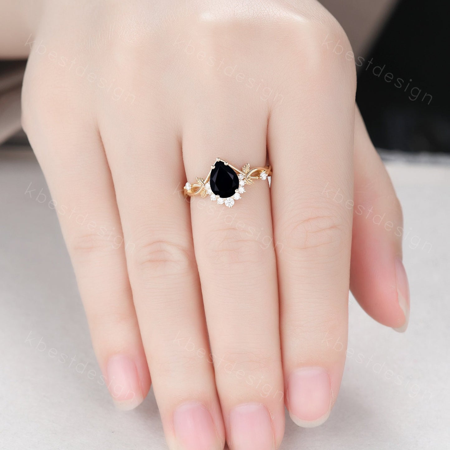 Vintage pear black onyx engagement ring yellow gold twig leaf wedding ring nature branch ring art deco moissanite bridal promise ring