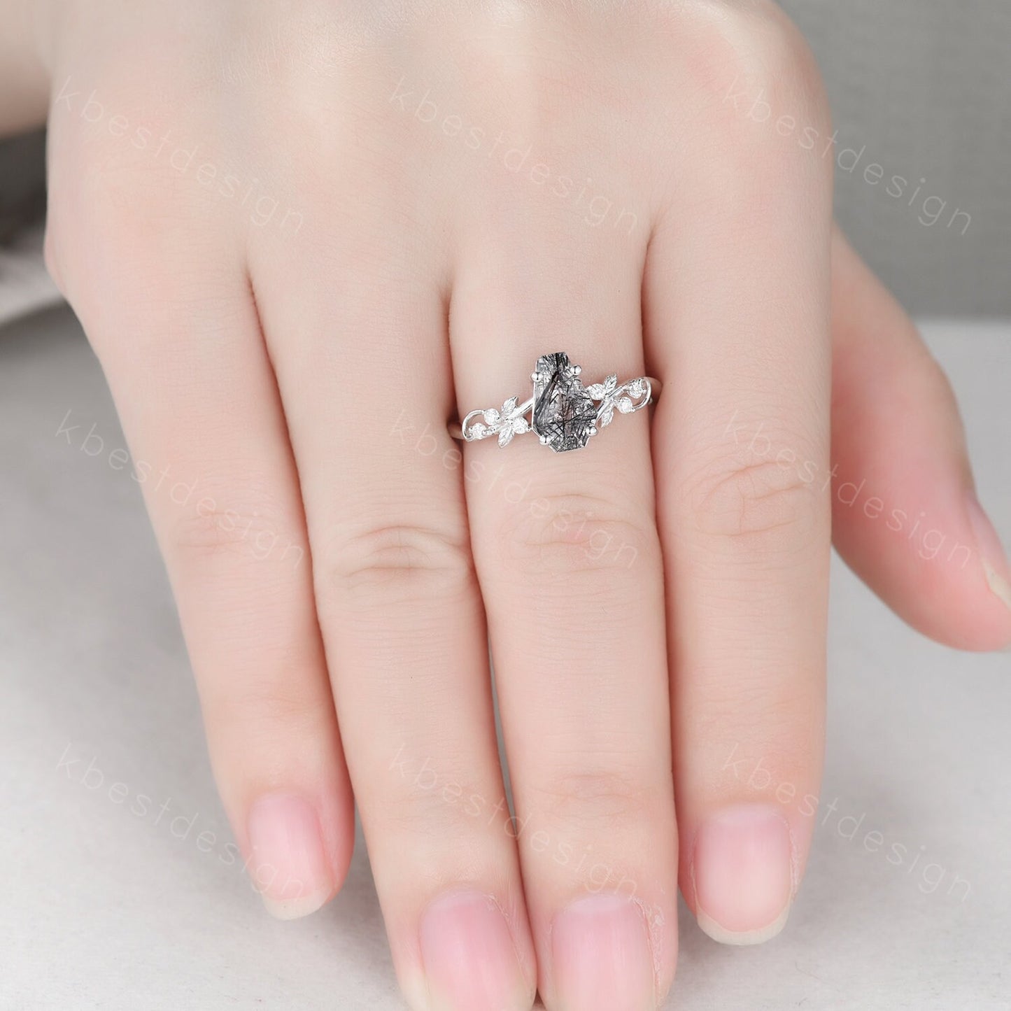 Coffin cut black rutilated quartz engagement ring sterling silver ring Art deco leaf design moissanite Bridal ring Unique twist ring