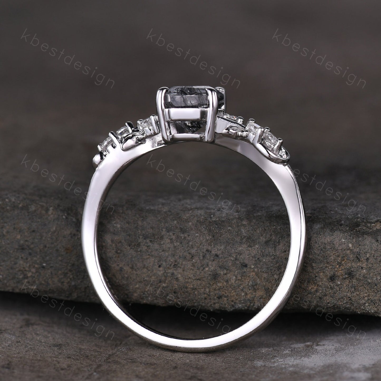 Coffin cut black rutilated quartz engagement ring sterling silver ring Art deco leaf design moissanite Bridal ring Unique twist ring