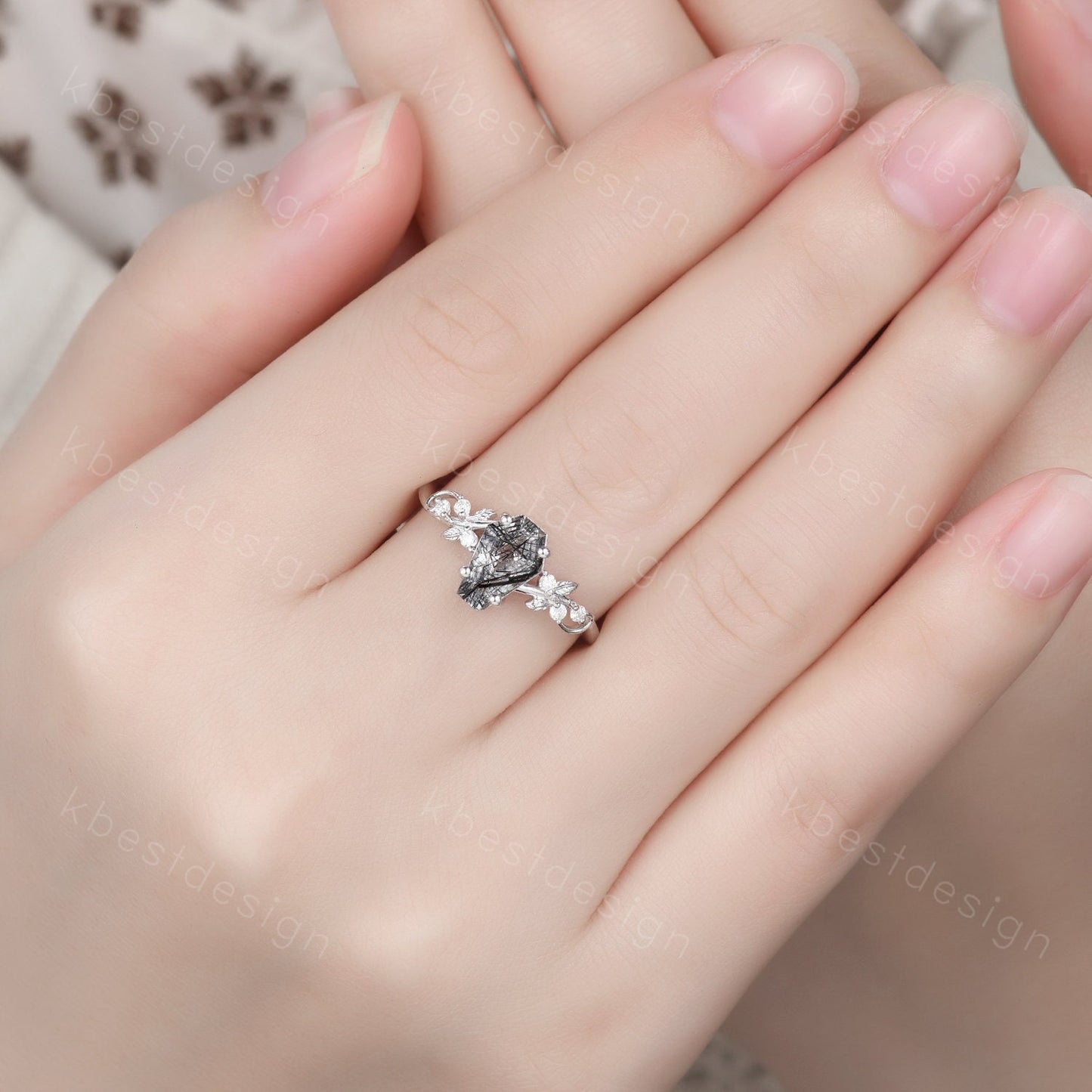 Coffin cut black rutilated quartz engagement ring sterling silver ring Art deco leaf design moissanite Bridal ring Unique twist ring