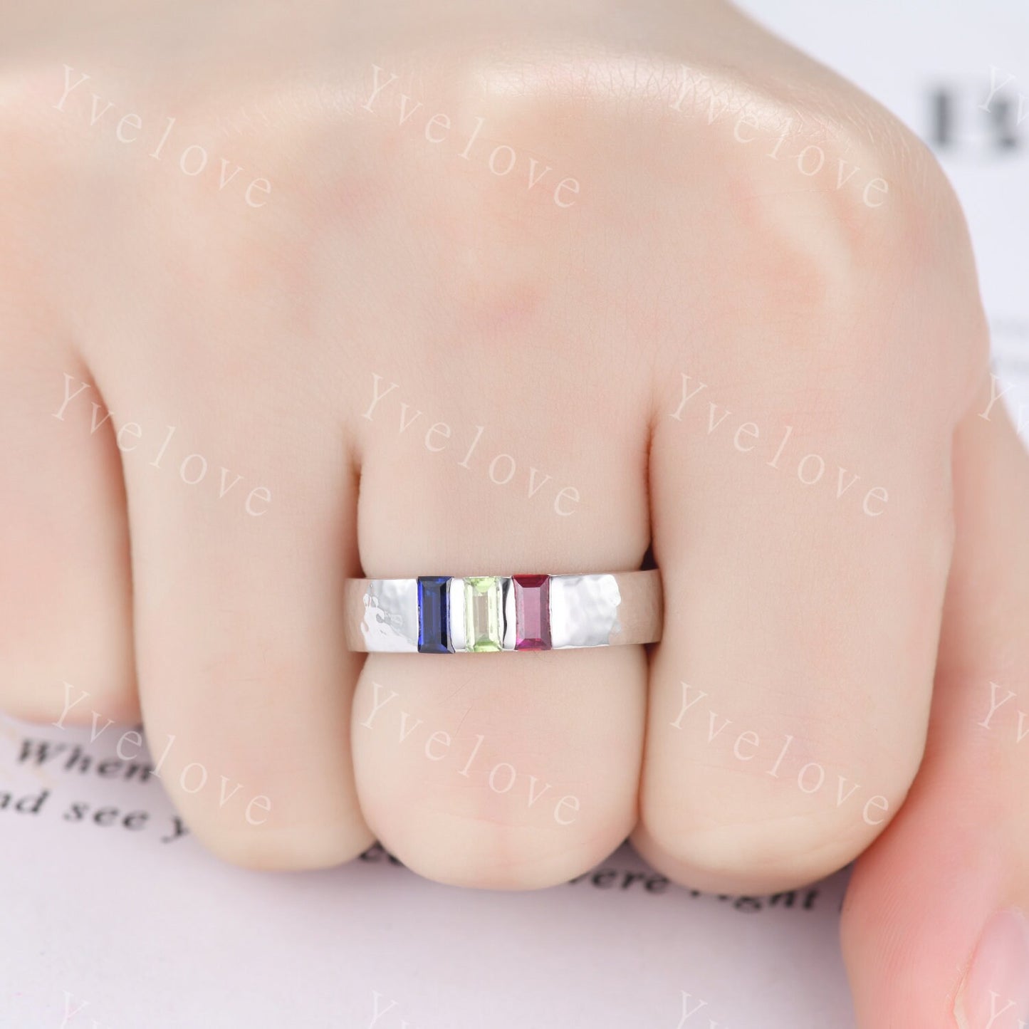 Retro Mens Baguette Peridot Ruby Sapphire Wedding Band 5mm Hammered Band Silver Ring Mens Stackable Matching Band Birthstone Gift For Him