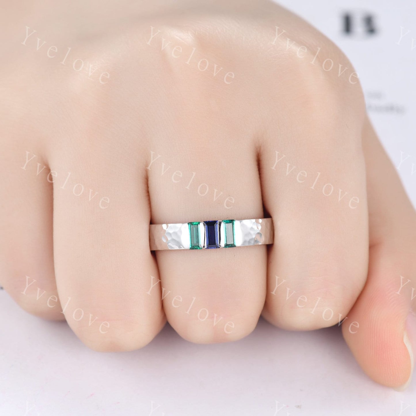 Retro Mens Baguette Sapphire Emerald Wedding Band 5mm Hammered Band Rose Gold Ring Men Stack Matching Band Family Birthstone Gift For Him