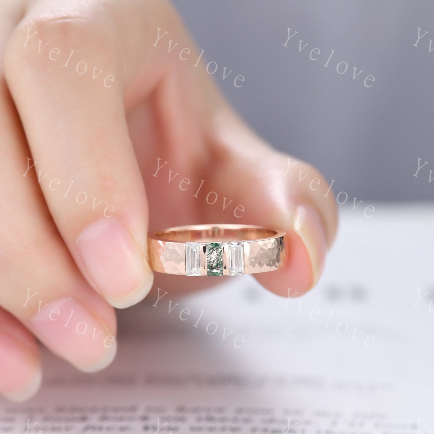 Retro Mens Baguette Moss agate Moissanite Wedding Band 5mm Hammered Band Silver Ring Mens Stackable Matching Band Anniversary Gift For Him